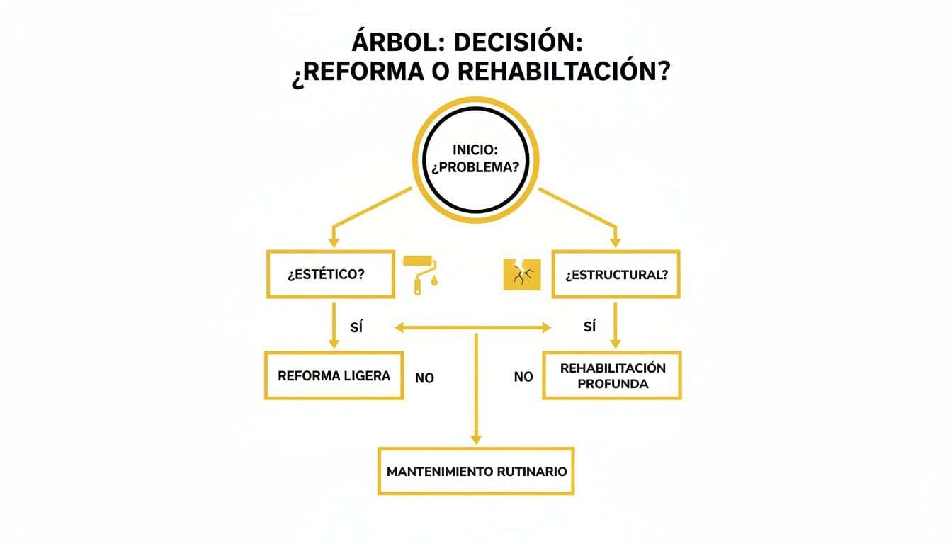 Diagrama de flujo que guía la decisión entre reforma ligera, rehabilitación profunda o mantenimiento según el tipo de problema.