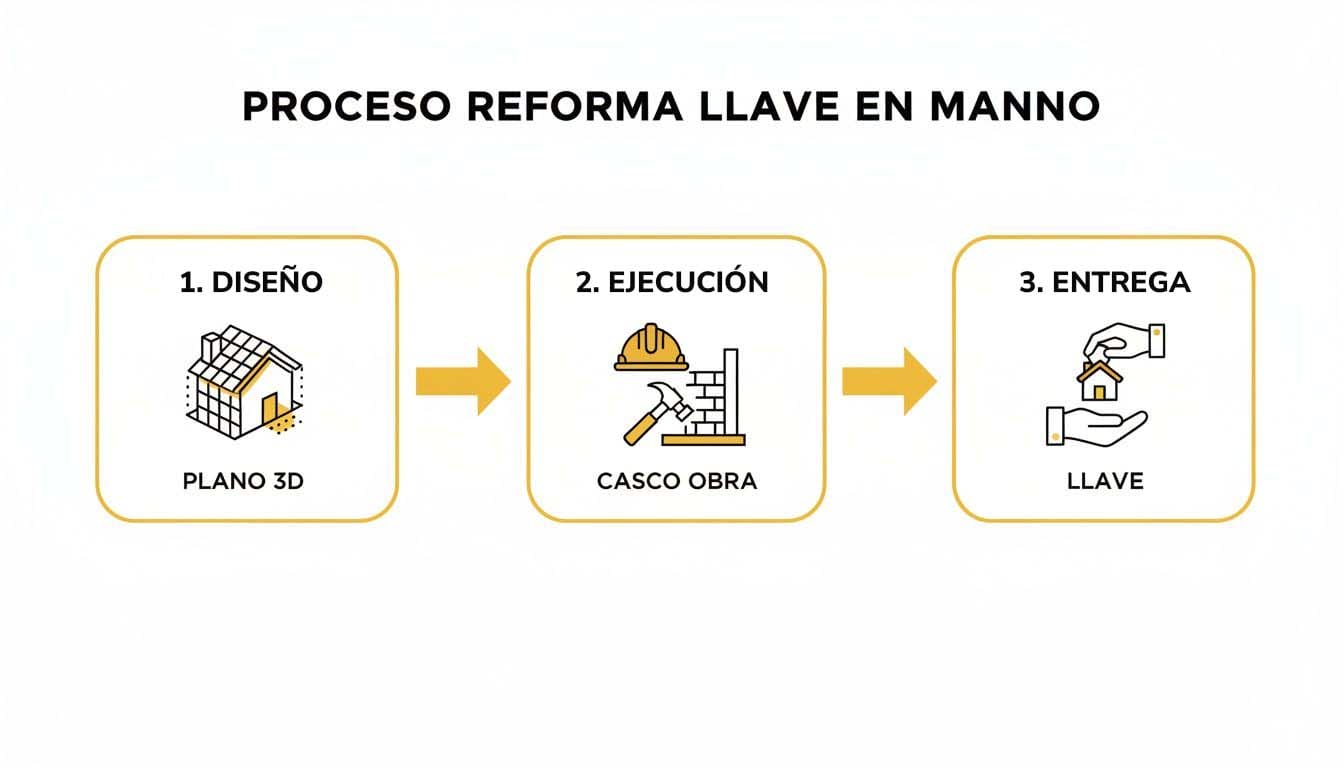 Proceso de reforma integral llave en mano con tres pasos: diseño 3D, ejecución de obra y entrega de la vivienda.