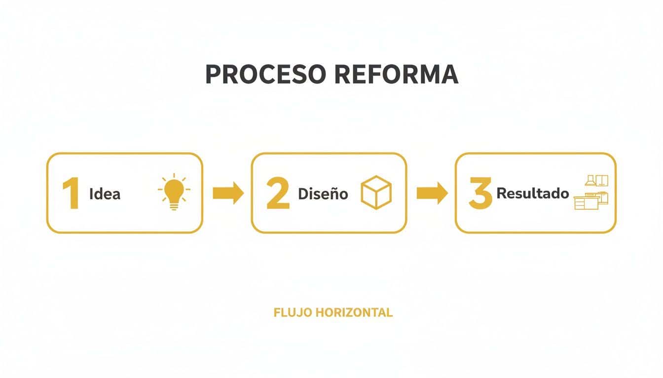 Diagrama horizontal que muestra el proceso de reforma en tres etapas: idea, diseño y resultado, con íconos representativos.