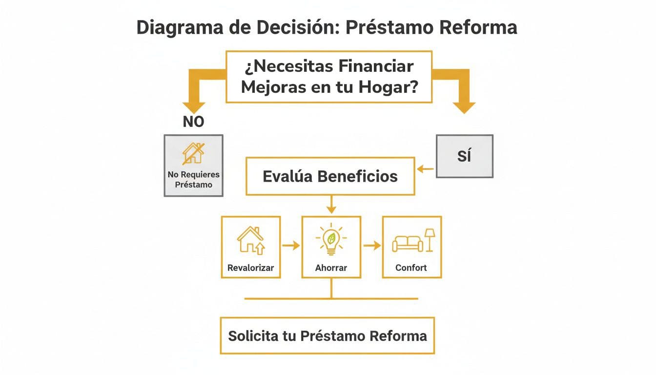 Diagrama de decisión para un préstamo de reforma, mostrando opciones si necesitas financiar mejoras en tu hogar para revalorizar, ahorrar o confort.