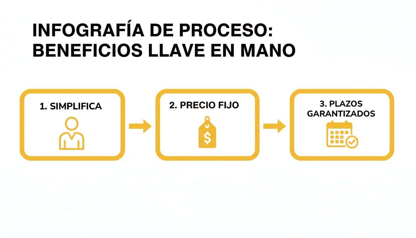 Infografía de proceso que destaca los beneficios llave en mano: simplificación, precio fijo y plazos garantizados.