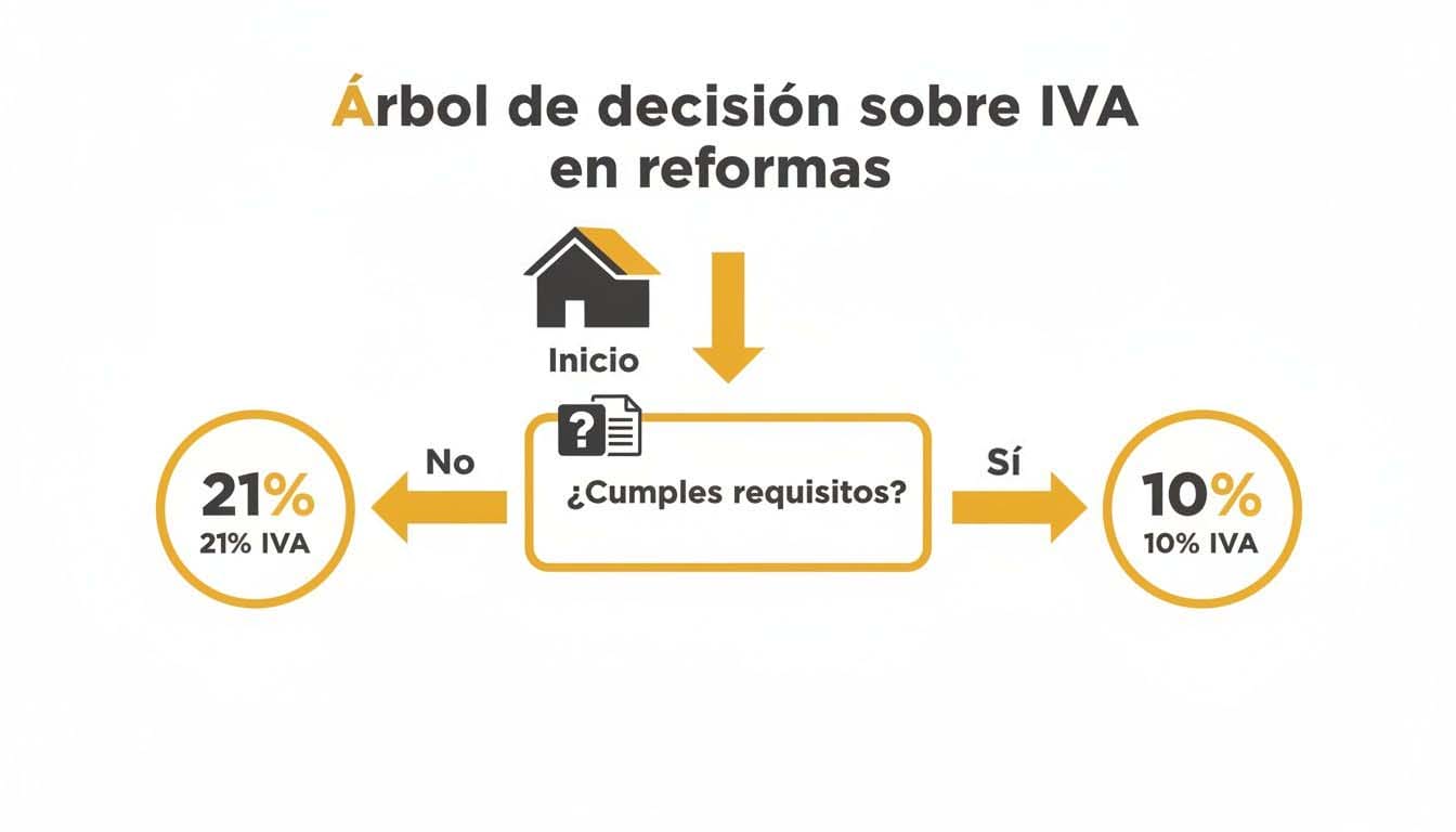 Árbol de decisión sobre el IVA en reformas, mostrando tasas del 21% y 10% según requisitos.