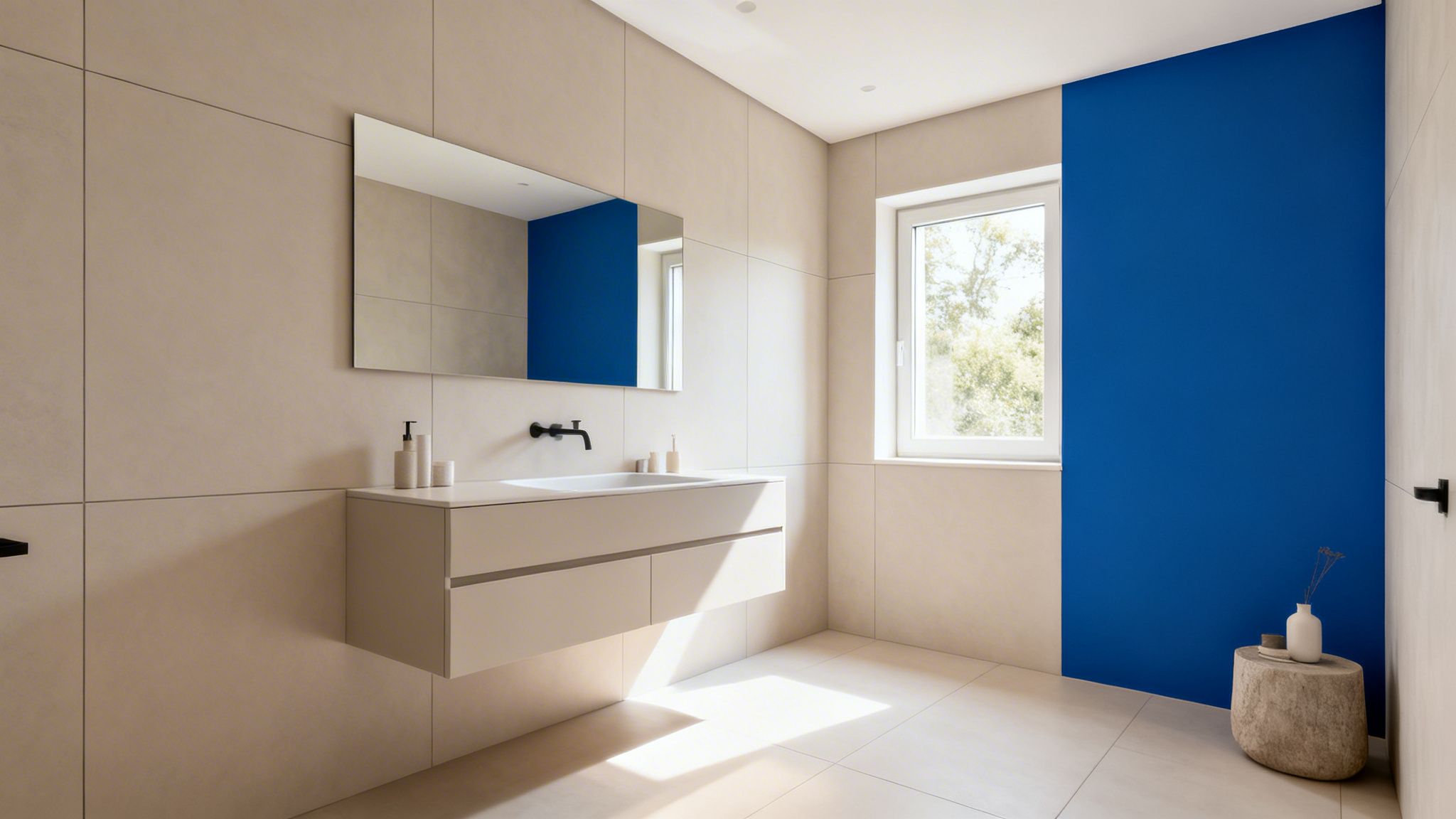 Baño moderno y minimalista con azulejos beige, lavabo flotante, espejo y una pared azul vibrante.
