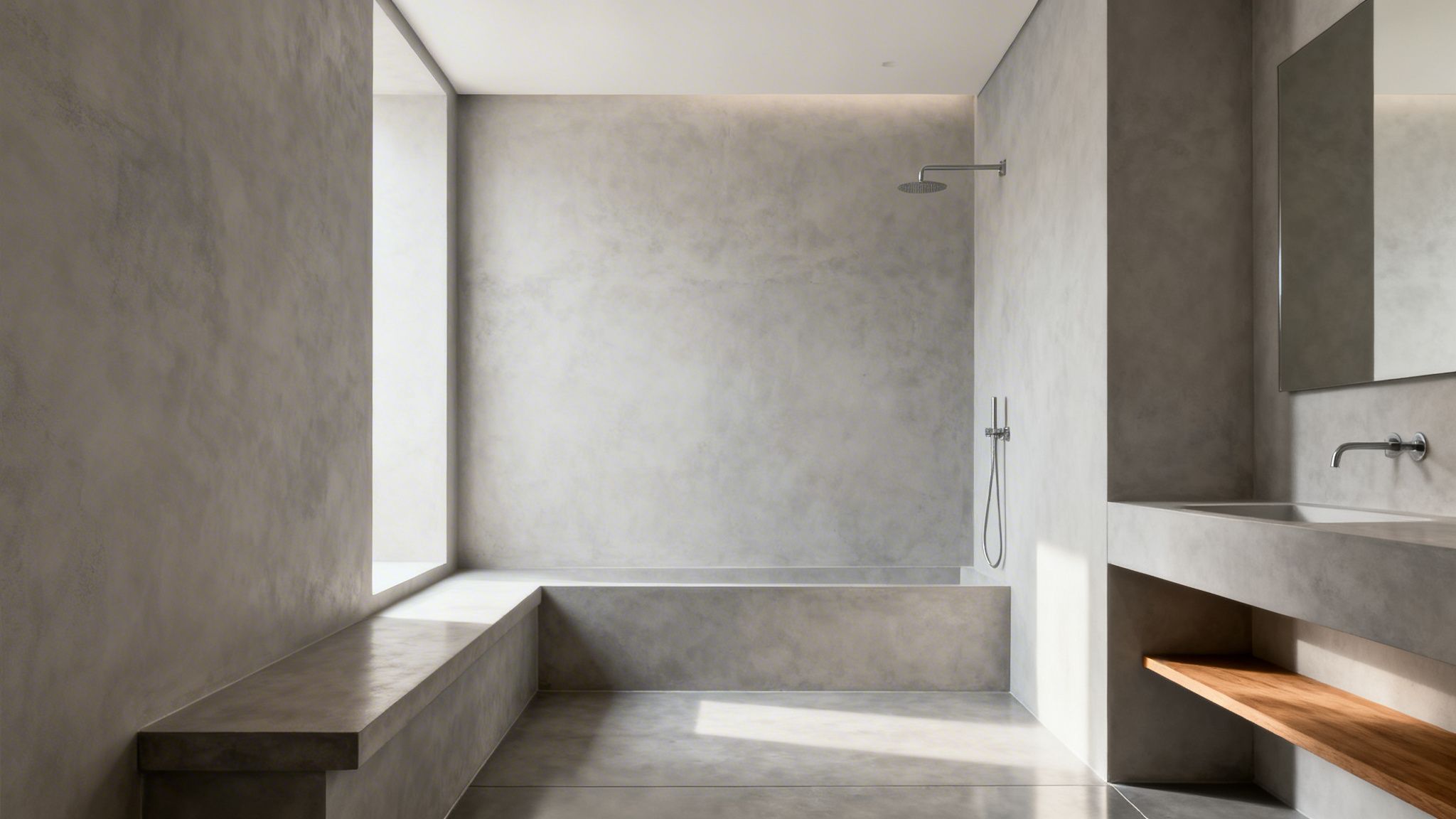 Baño moderno de concreto con bañera integrada, ducha, lavabo, espejo y banco junto a la ventana.