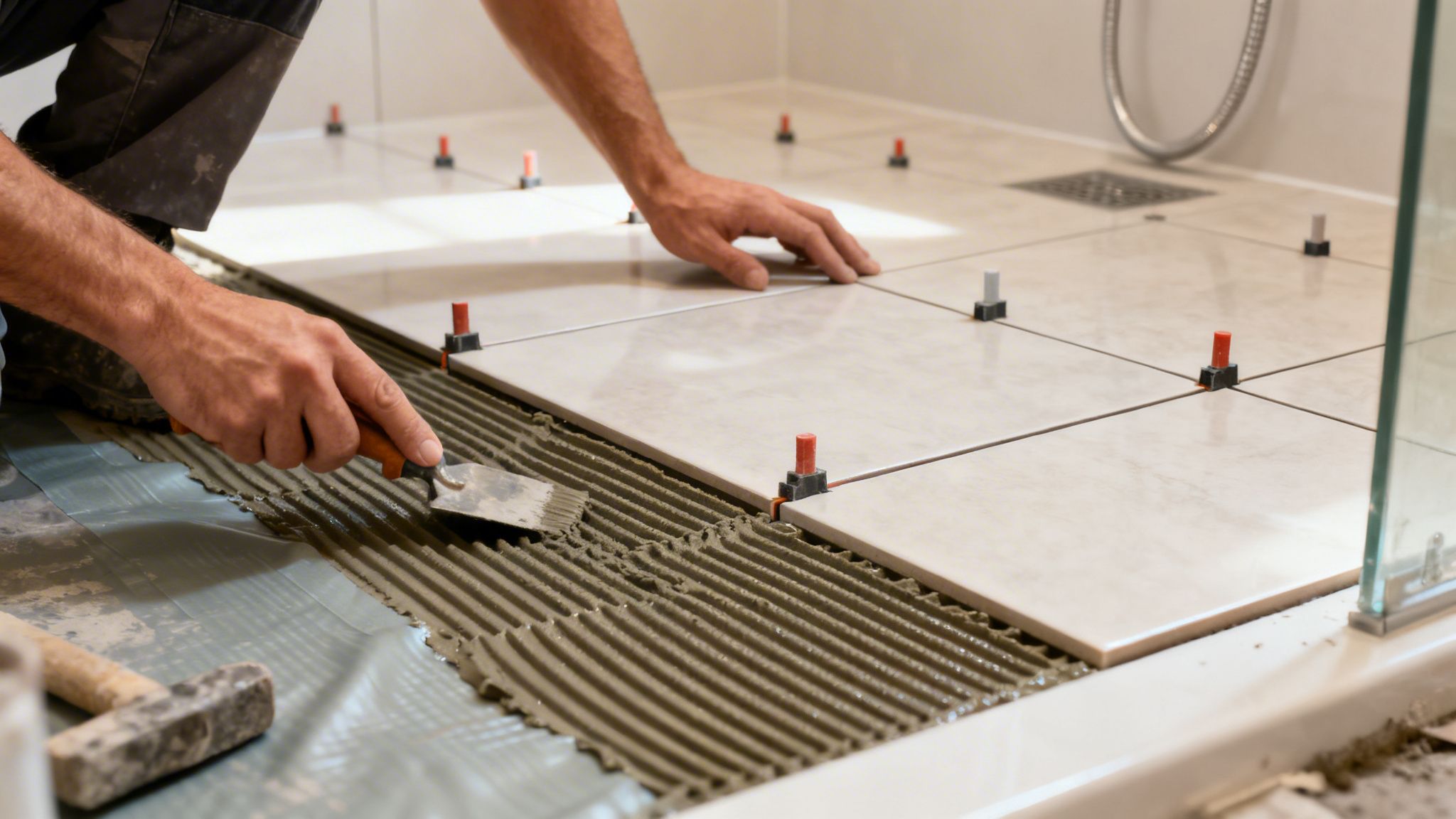 Hombre instalando azulejos en el suelo de un baño, aplicando adhesivo con espátula. Se usan niveladores de azulejos.