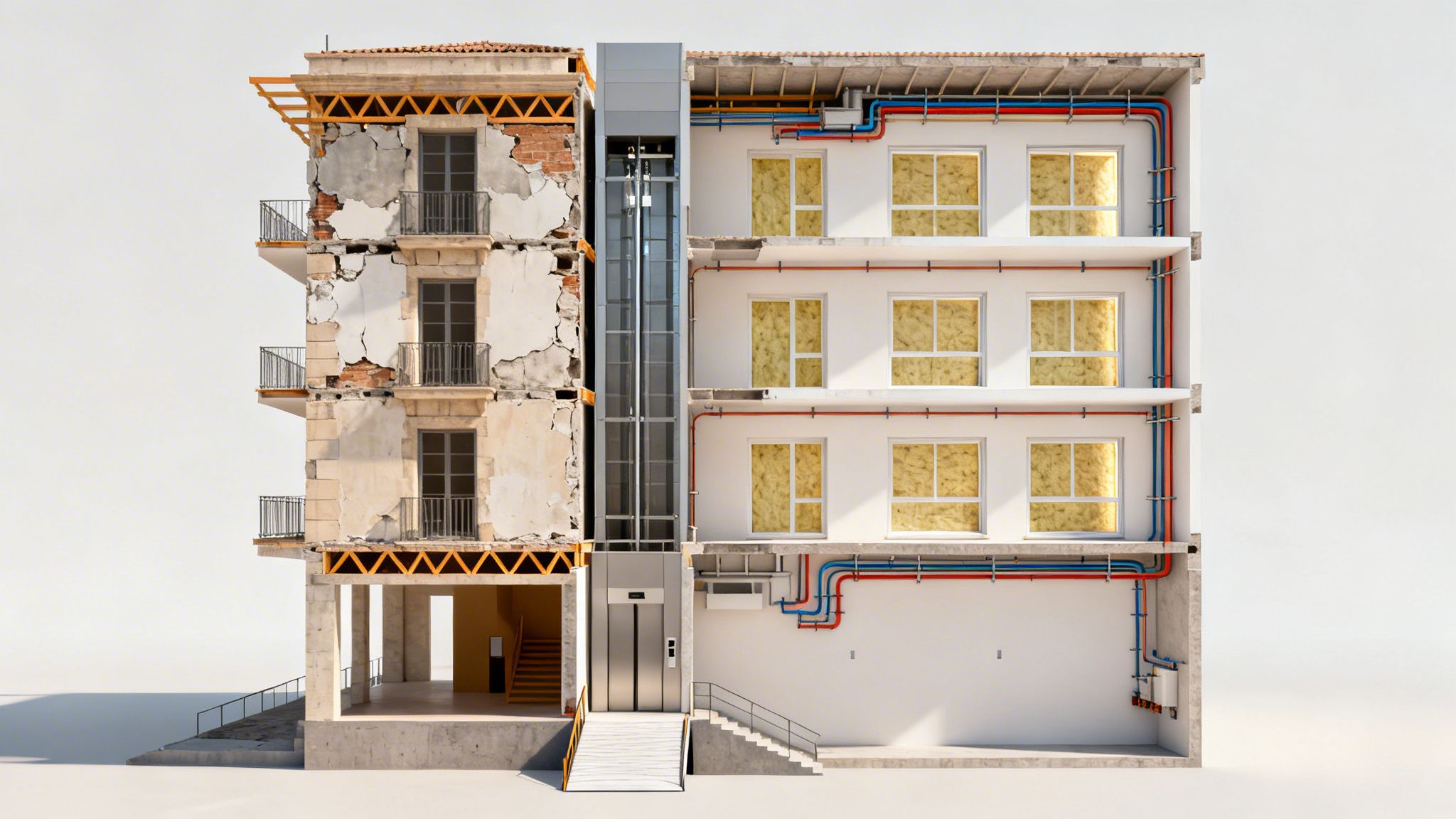 Edificio seccionado mostrando renovación, una mitad antigua con daños y otra moderna con instalaciones visibles.