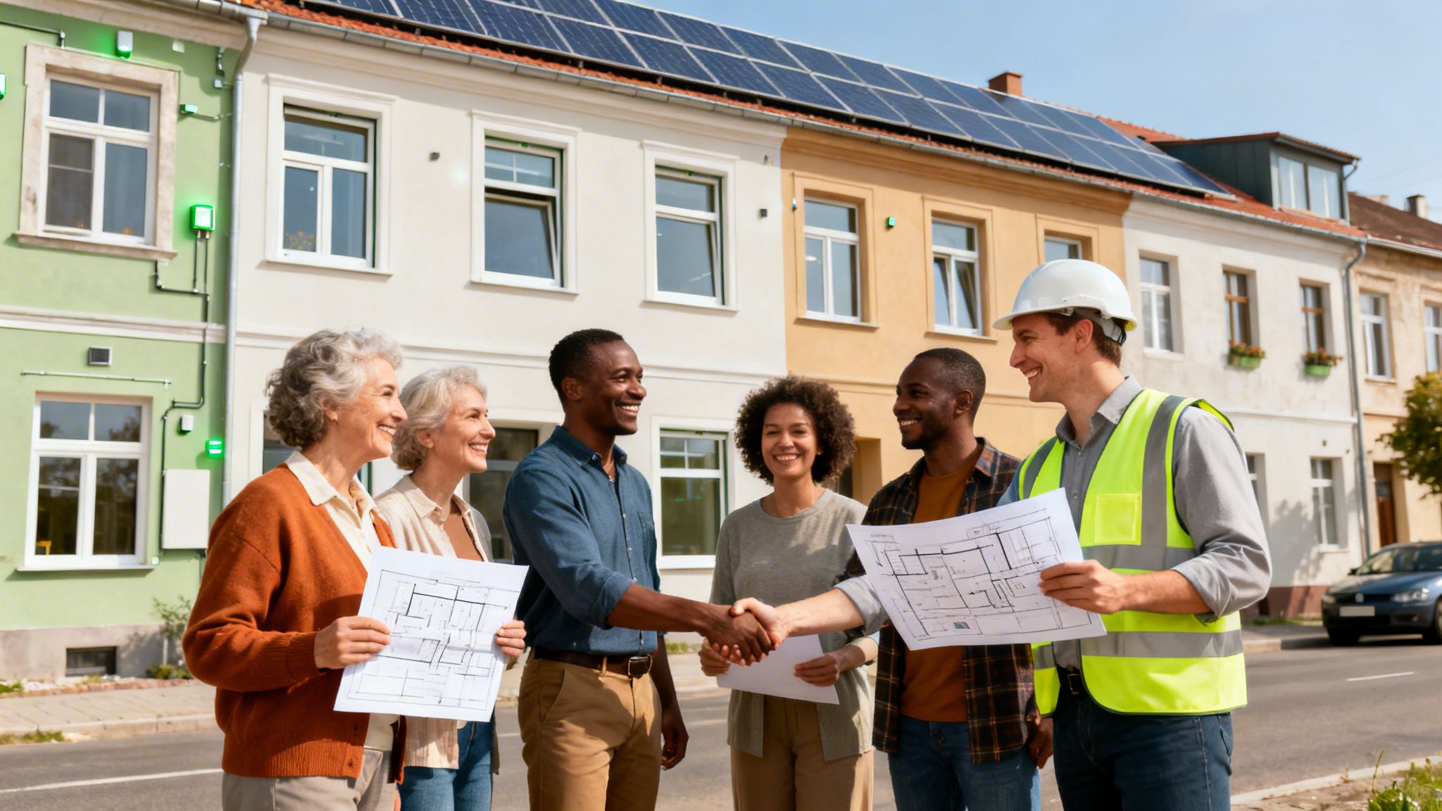 Un grupo diverso de personas discute planes de rehabilitación de edificios con paneles solares, estrechando manos y mostrando planos.