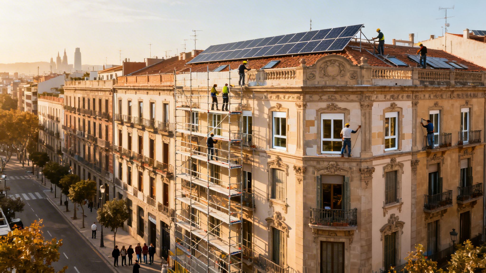 Trabajadores rehabilitando un edificio histórico en Barcelona, instalando paneles solares y andamios.