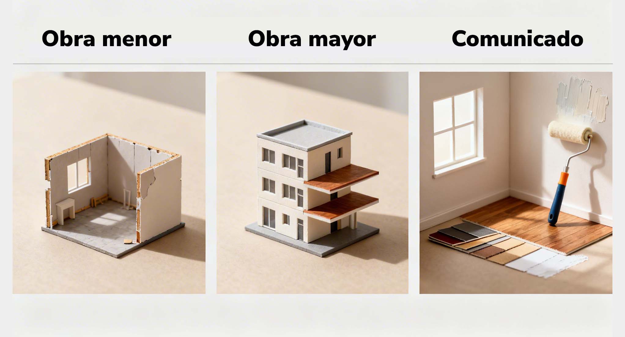 Maquetas que ilustran fases de construcción y renovación: un interior en obra, un edificio y una habitación siendo pintada