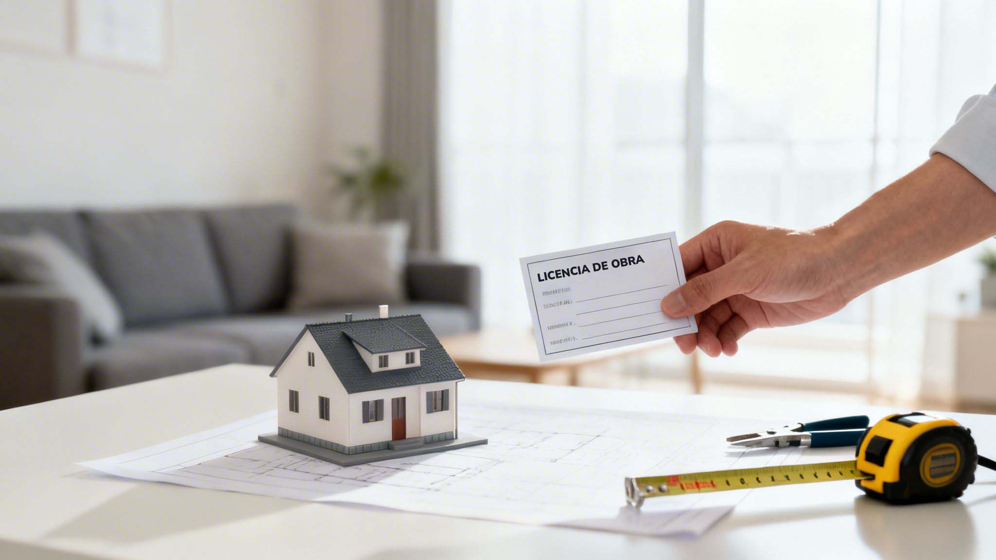 Una mano sostiene una tarjeta de permiso de obra junto a una maqueta de casa y planos arquitectónicos