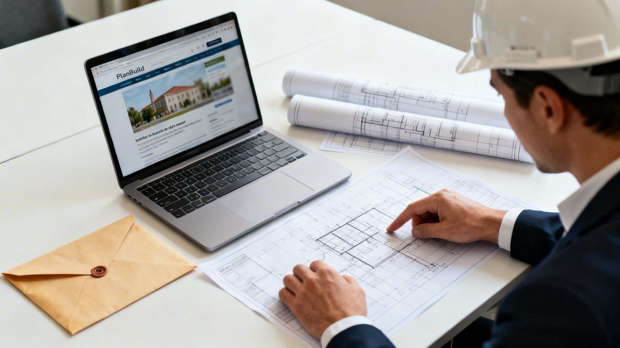 Ingeniero con casco revisa planos arquitectónicos en escritorio, con portátil mostrando un edificio y documentos