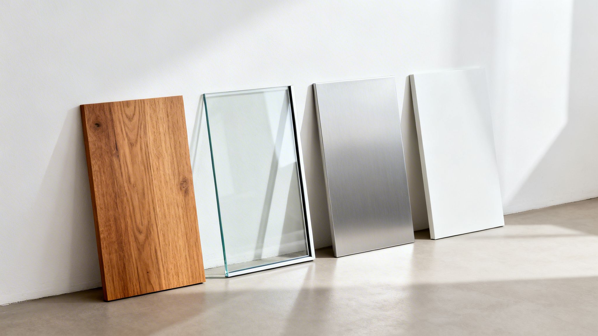 Cuatro paneles de diferentes materiales (madera, vidrio, metal, blanco) apoyados contra una pared blanca con sombras de luz natural.