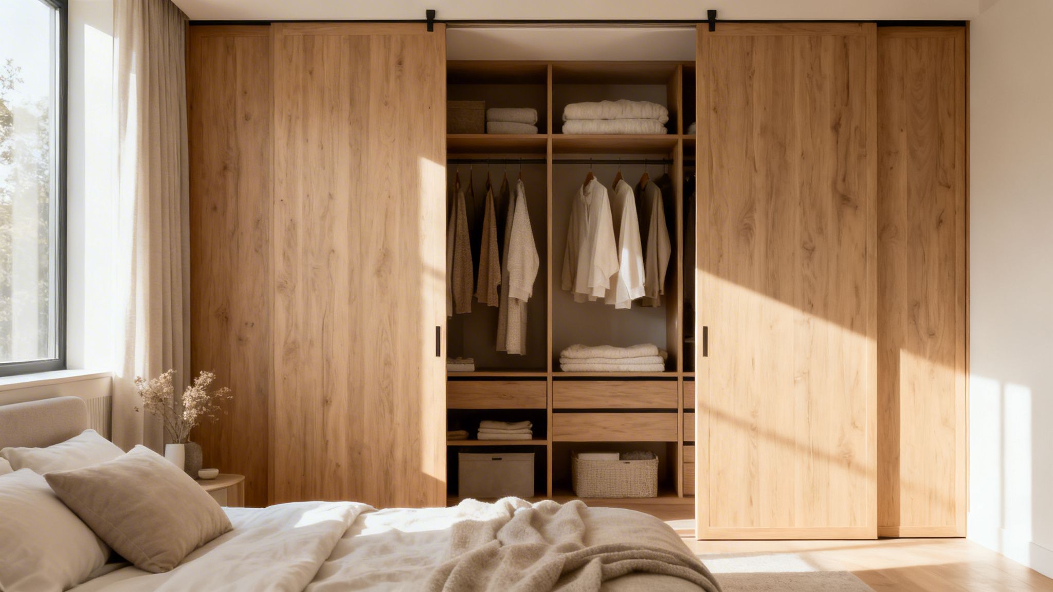 Dormitorio luminoso con cama cómoda y armario de madera con puertas corredizas, mostrando ropa organizada y estantes.
