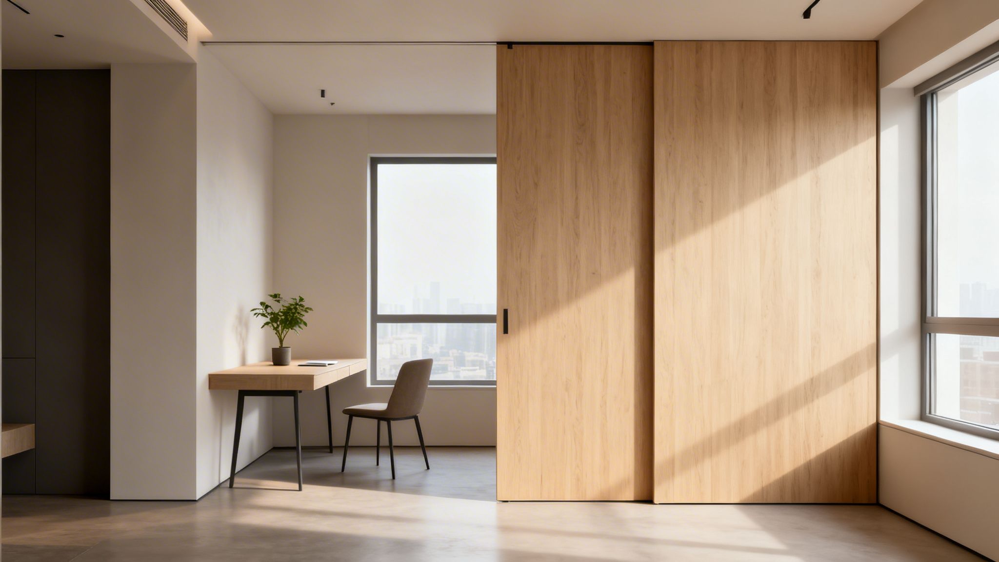 Paneles de madera clara deslizantes que separan una oficina moderna con escritorio, planta y vistas a la ciudad.