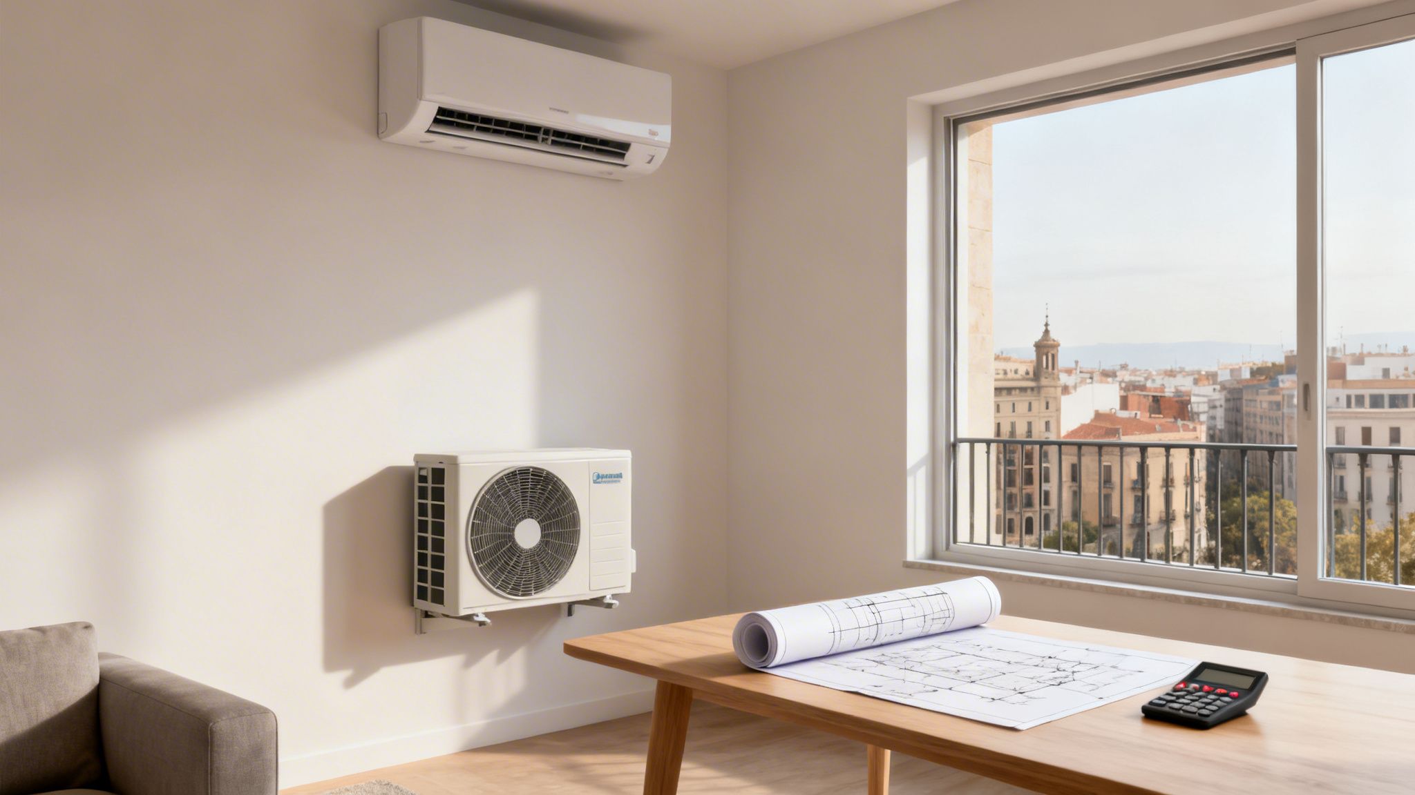 Interior moderno con dos unidades de aire acondicionado, escritorio con planos, sofá y vista a la ciudad de Barcelona.