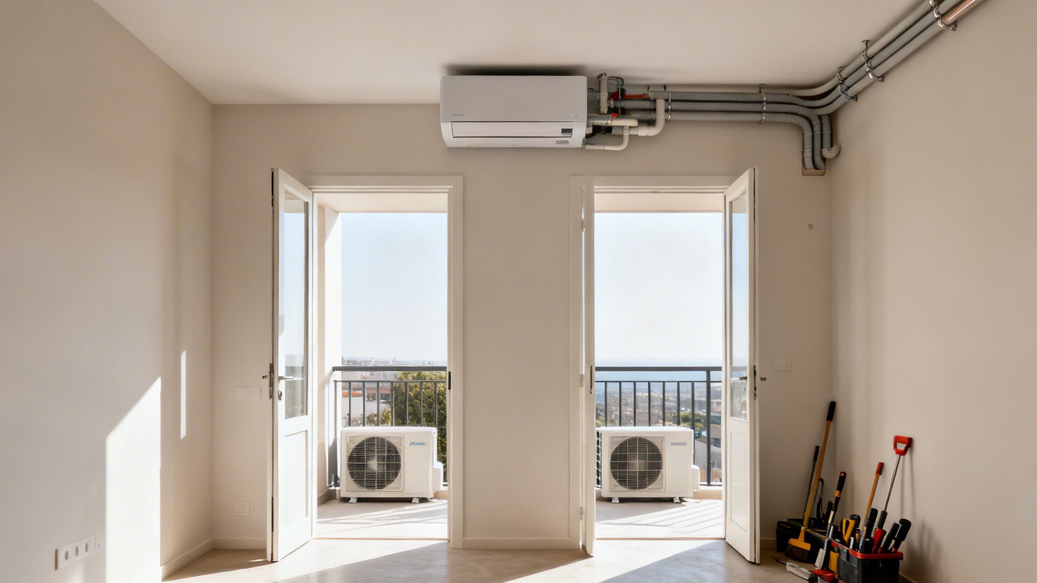 Habitación vacía con dos balcones y unidades de aire acondicionado, interiores y exteriores, con tuberías expuestas.