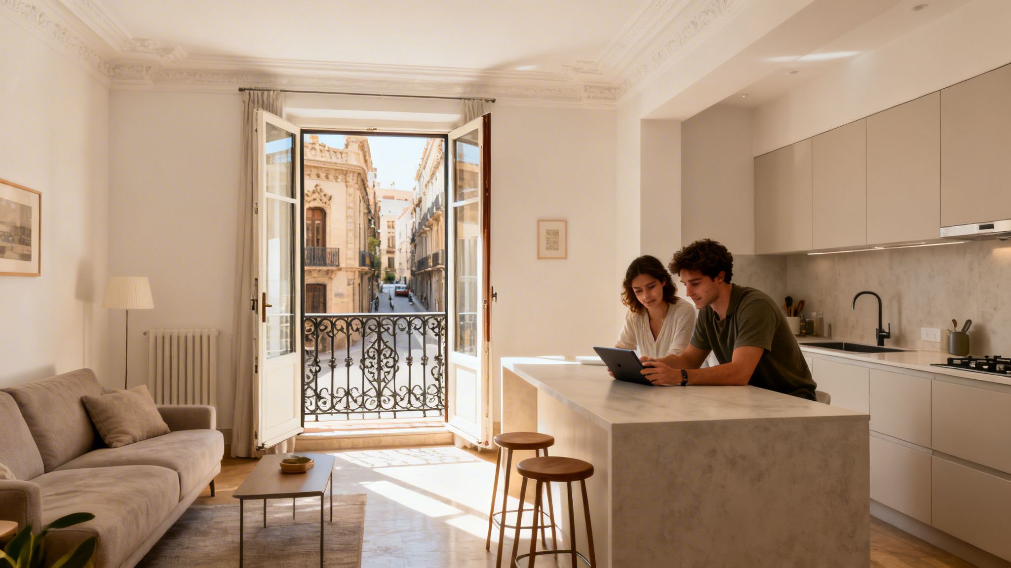 Pareja joven en un apartamento moderno, mirando una tableta en la cocina con vistas a una calle urbana.