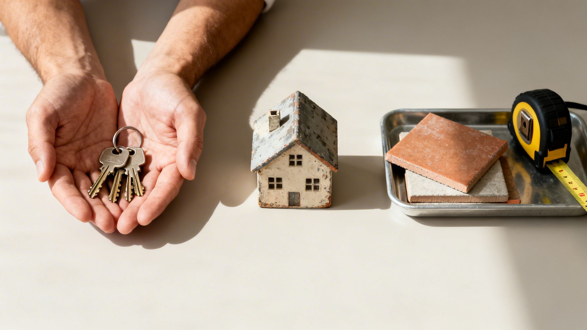 Manos sosteniendo llaves, una maqueta de casa y herramientas de reforma como azulejos y cinta métrica.