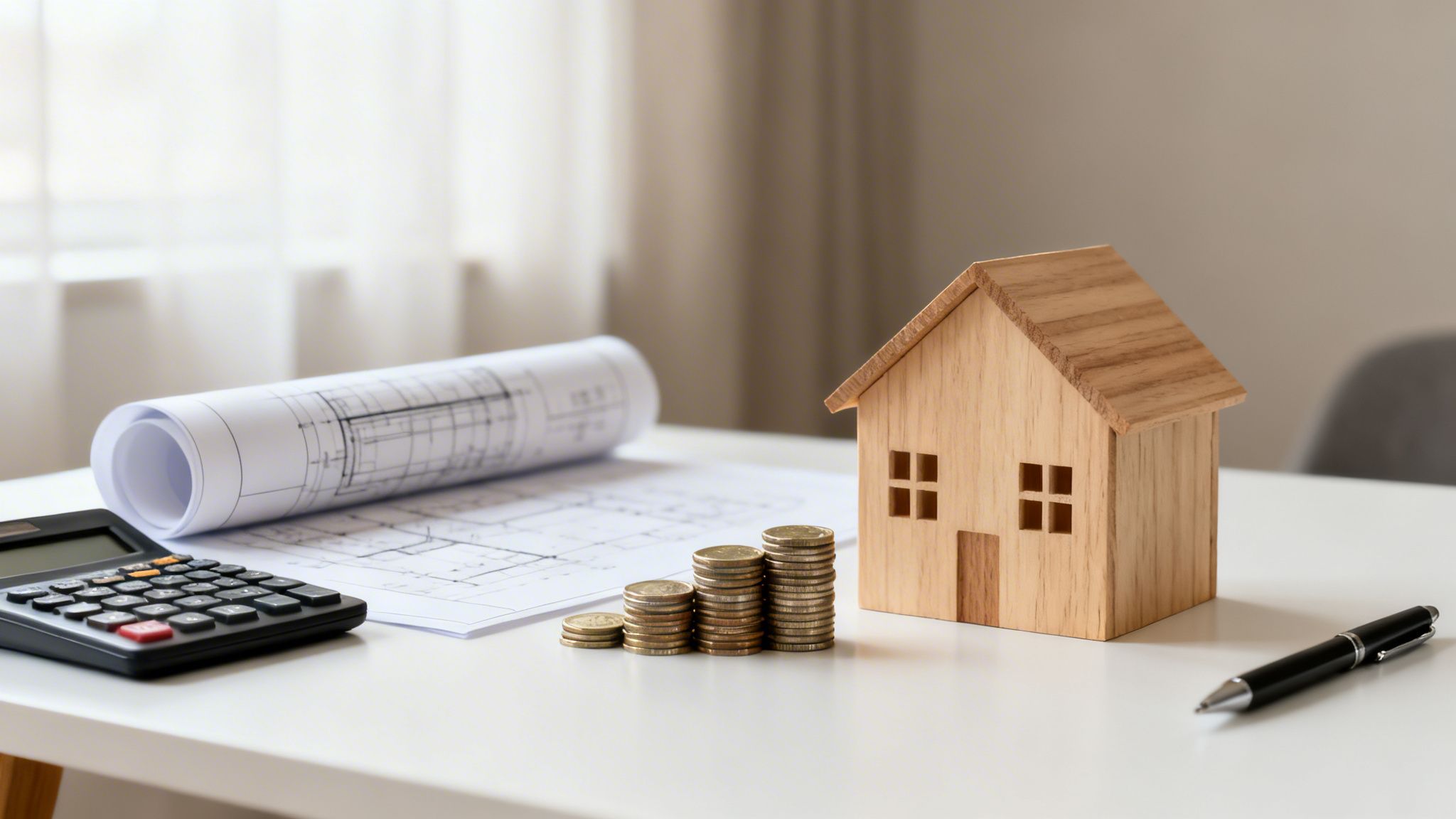 Casa de madera, monedas apiladas, planos de construcción y calculadora en una mesa, simbolizando inversión inmobiliaria.