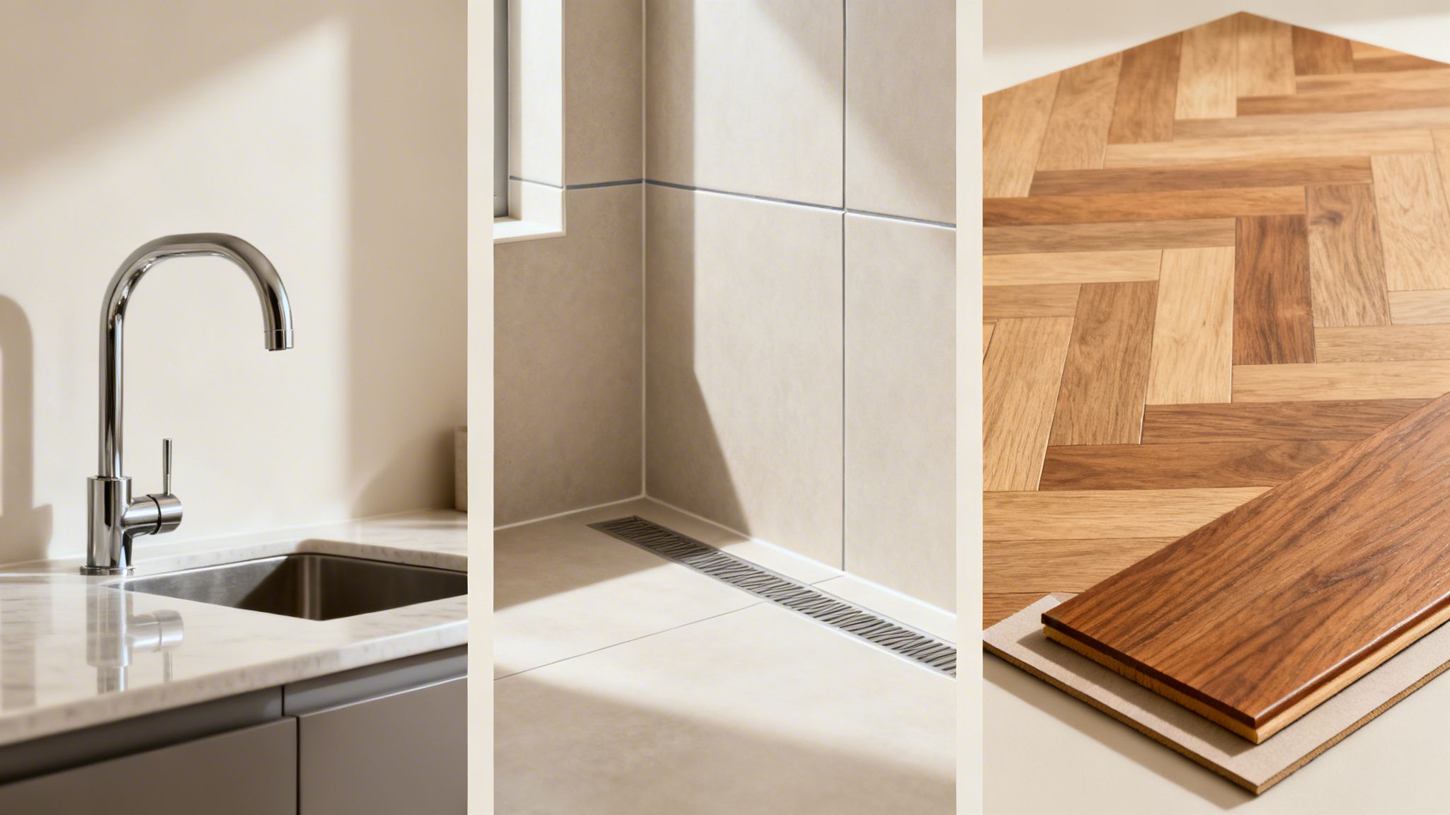 Tres imágenes: grifo de cocina, ducha moderna con desagüe lineal y suelo de madera laminada.