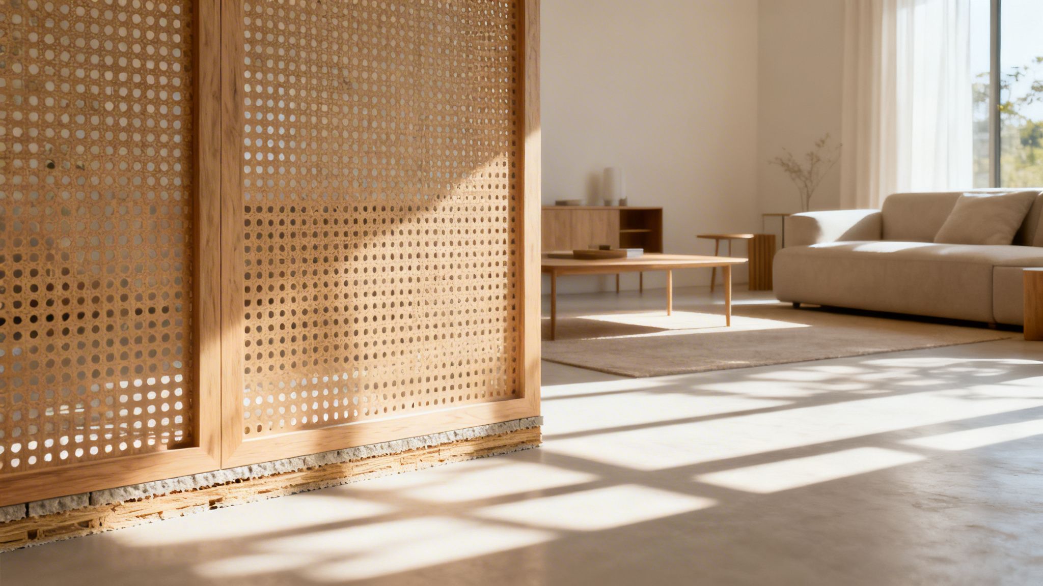 Un salón moderno y luminoso con un divisor de ratán y muebles de madera, bañado por la luz solar.