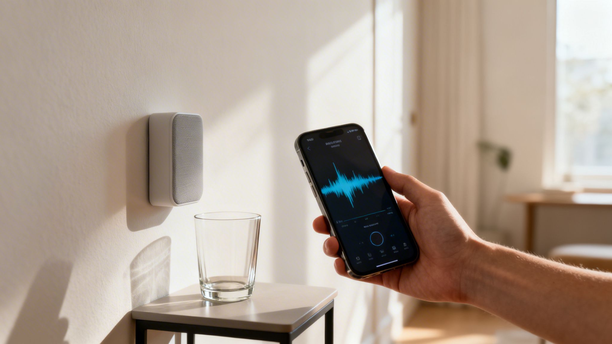 Una mano sostiene un smartphone con una aplicación de análisis de sonido junto a un dispositivo blanco montado en la pared en un hogar moderno.