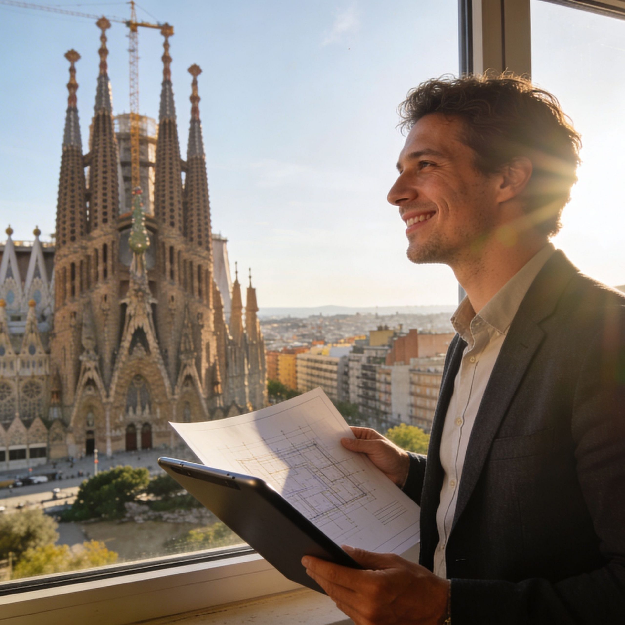 Un arquitecto sonriente observa la Sagrada Familia de Barcelona mientras sostiene planos y una tableta digital