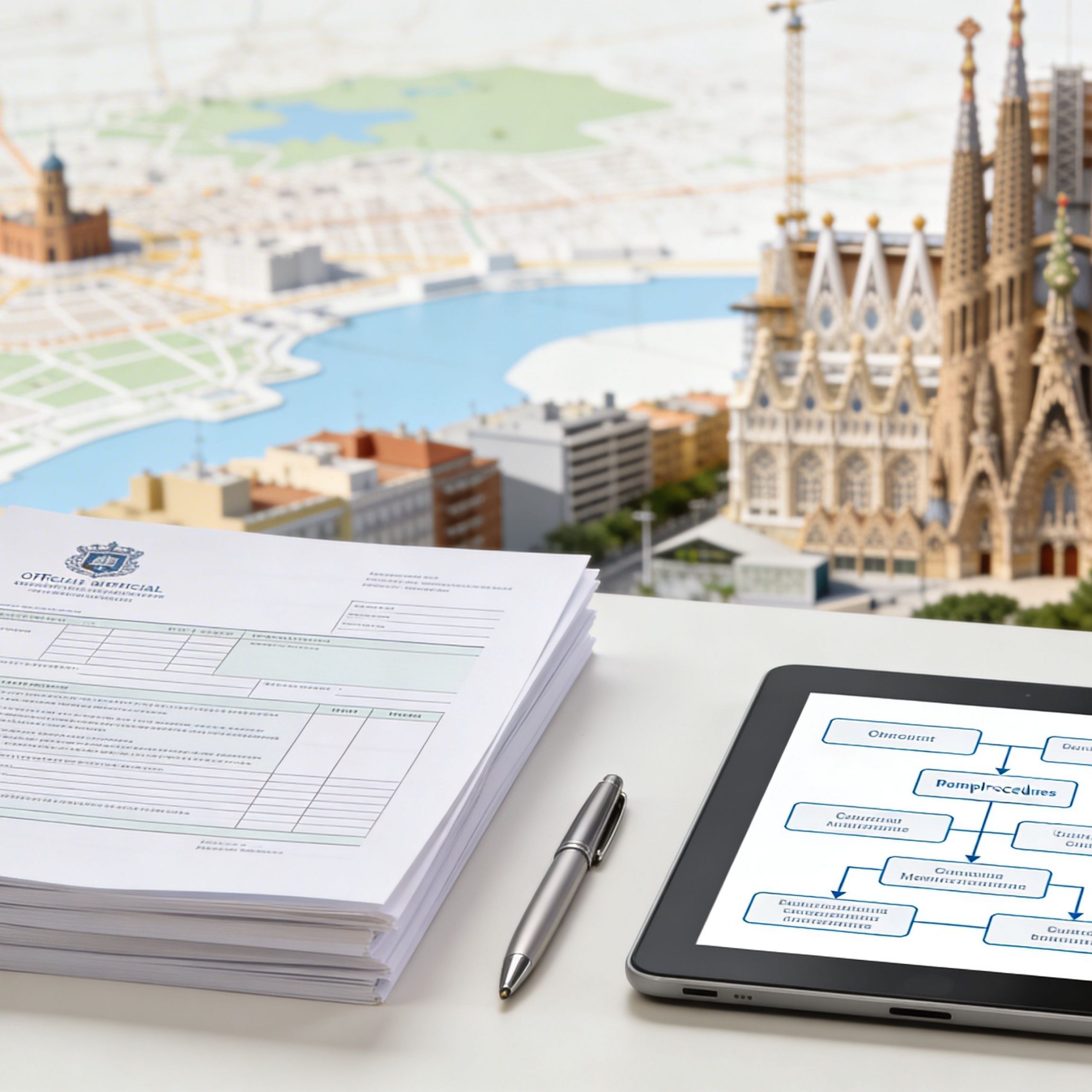 Documentos oficiales y una tablet con un diagrama sobre una mesa frente a una maqueta de Barcelona.