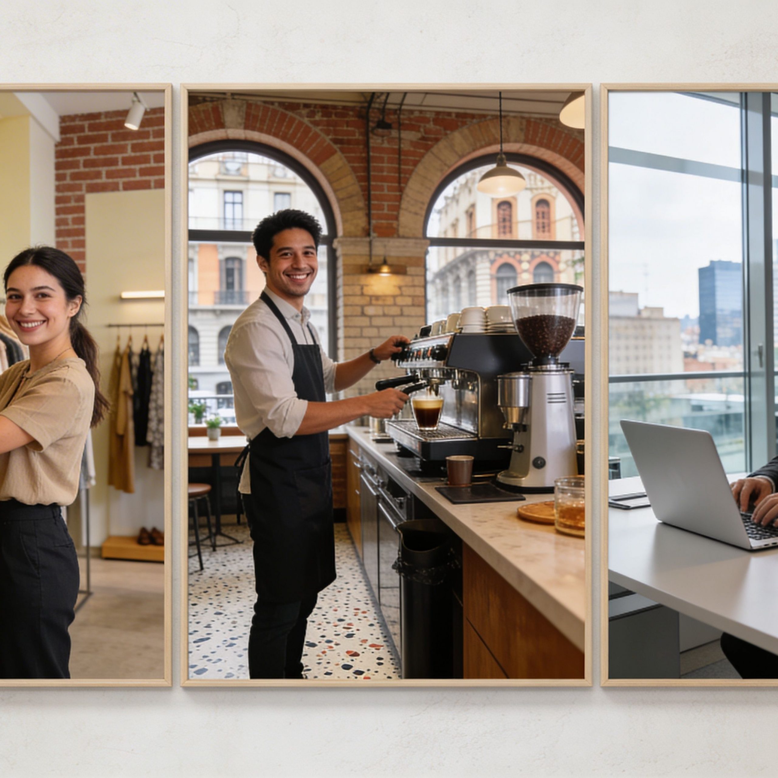 Una composición de tres fotos mostrando a personas trabajando en una tienda, una cafetería y una oficina.