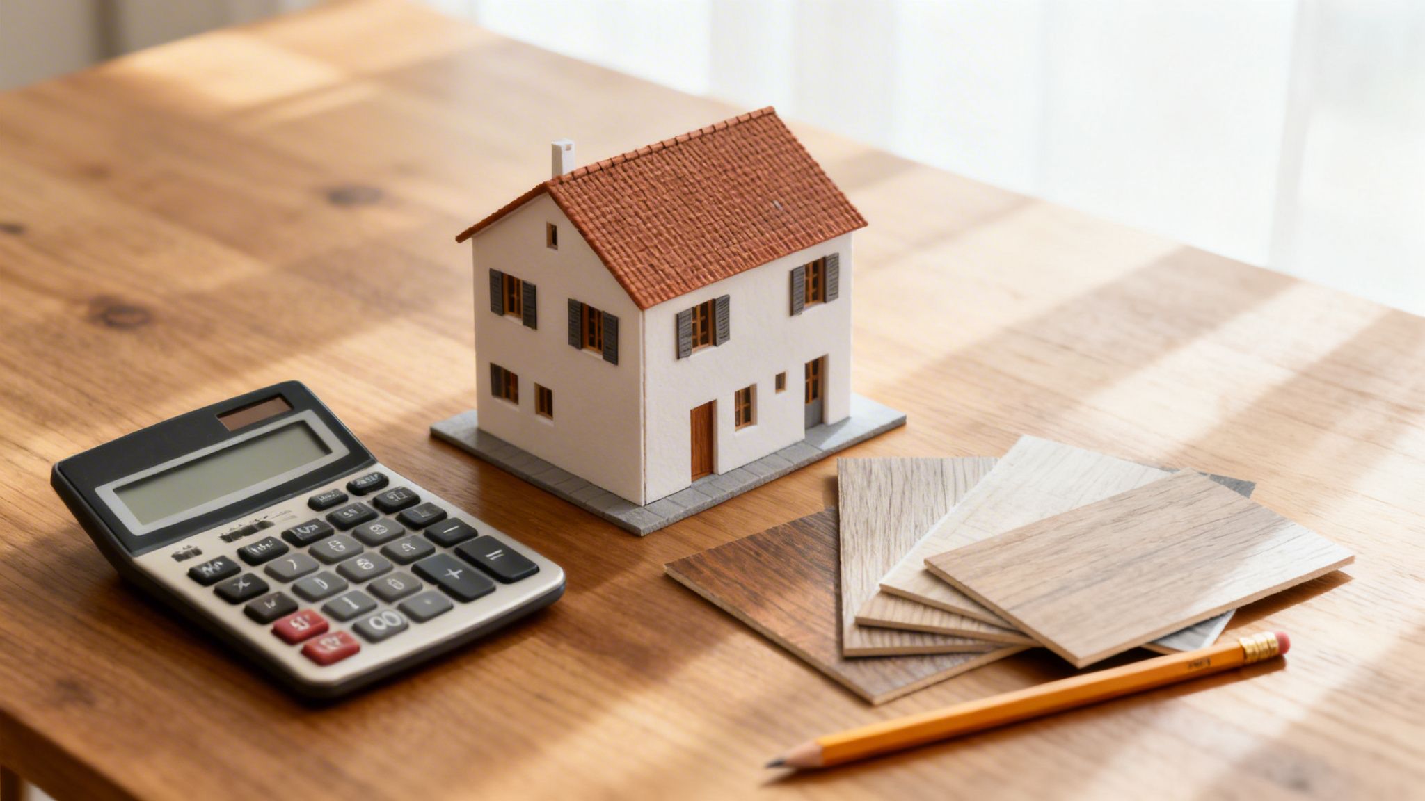 Casa en miniatura, calculadora, muestras de piso de madera y lápiz en una mesa de madera.