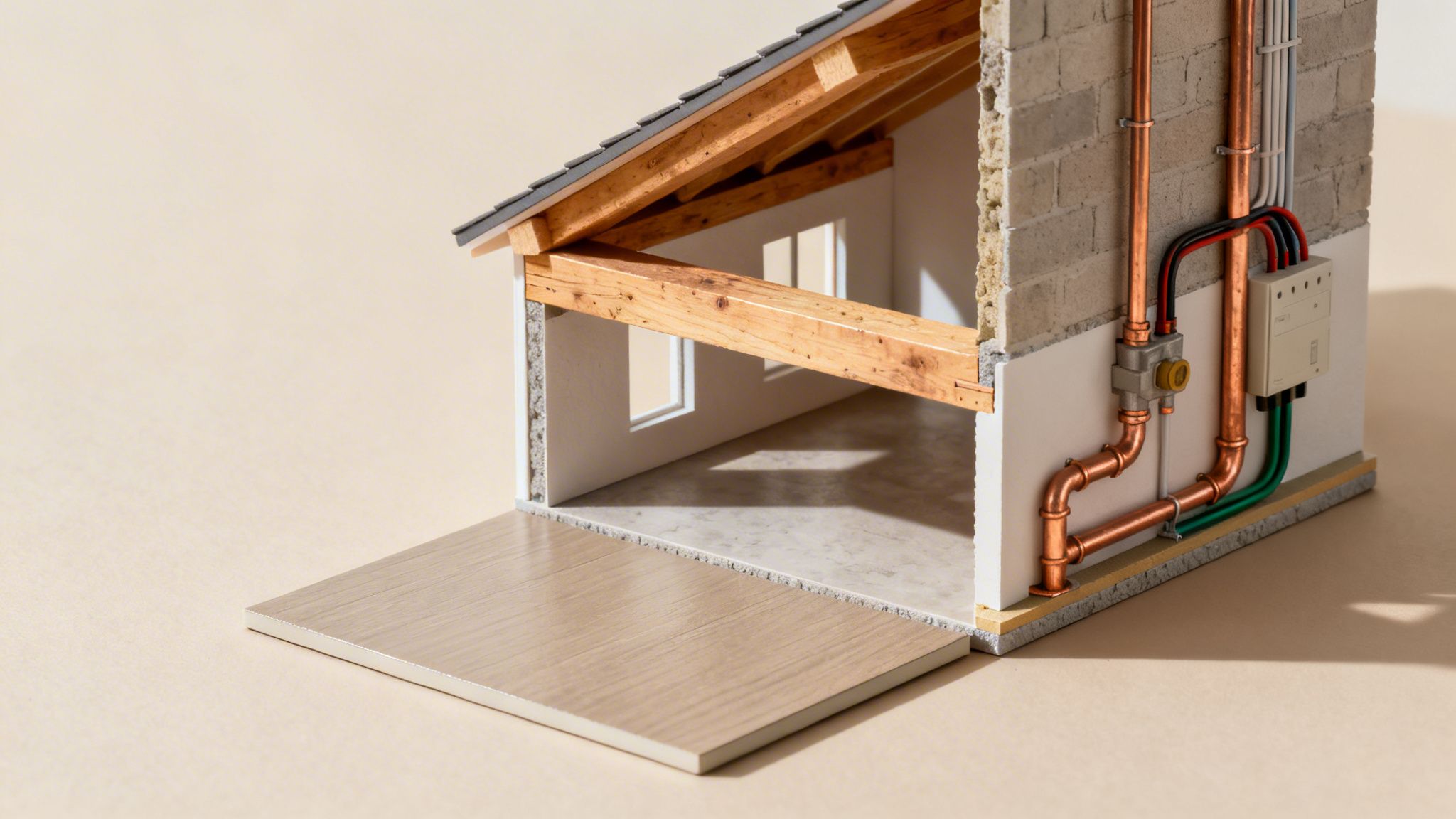 Modelo de sección transversal de una casa que muestra la estructura del techo, vigas, tuberías de cobre y sistema eléctrico.