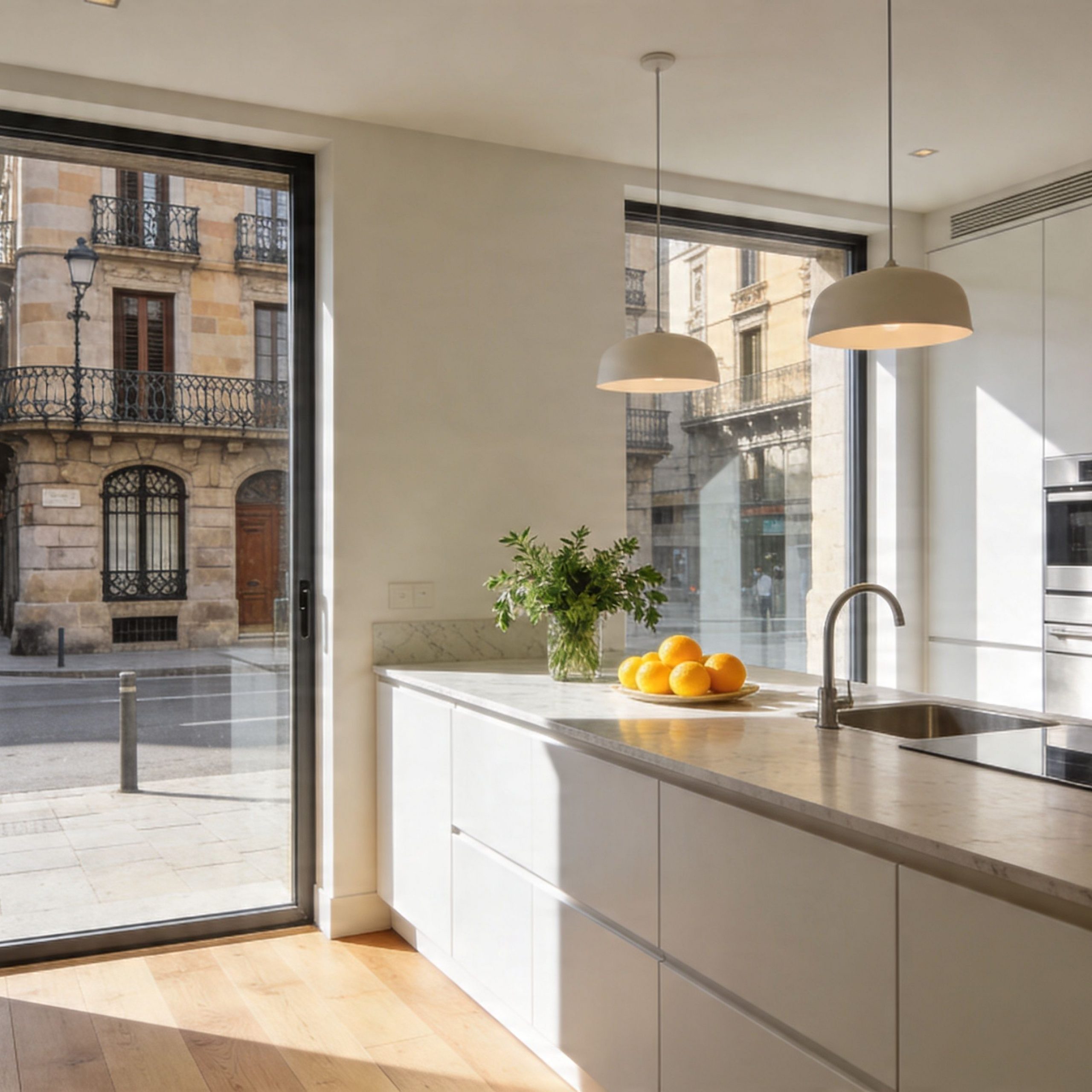 Cocina moderna y luminosa con isla de mármol y grandes ventanales con vistas a una calle histórica.