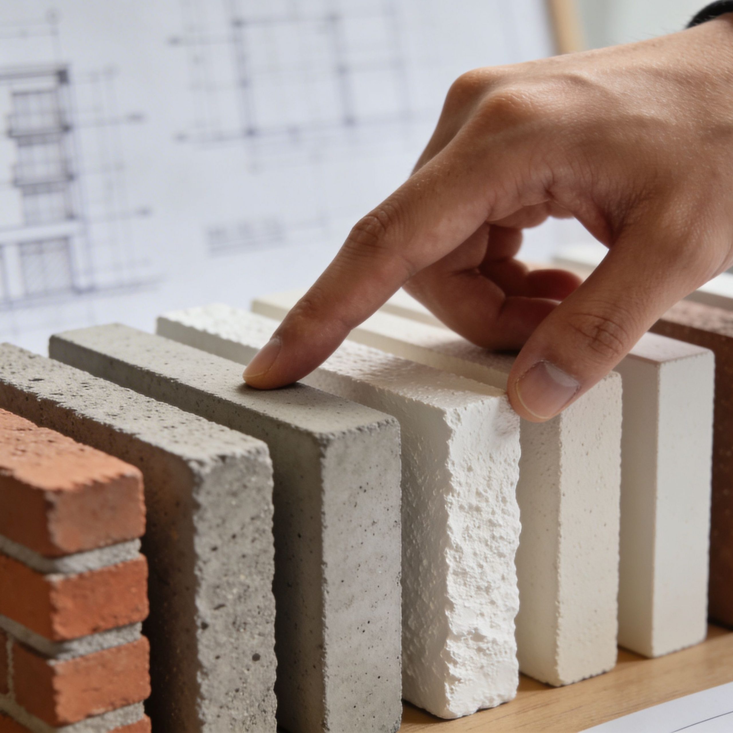 Una mano de arquitecto selecciona muestras de materiales de construcción y ladrillos sobre un plano arquitectónico en mesa.