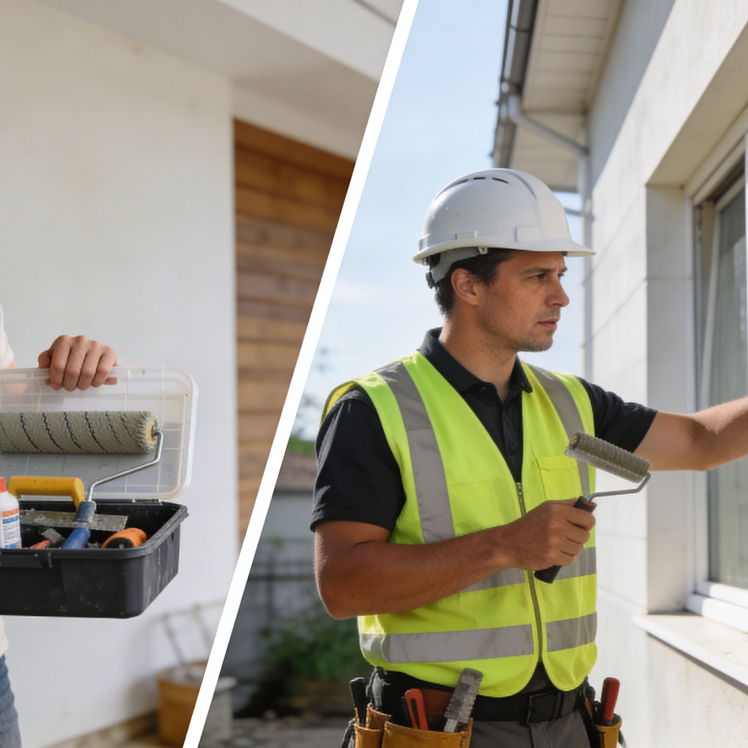 Un trabajador de la construcción aplicando materiales de impermeabilización sobre la fachada de un edificio residencial.
