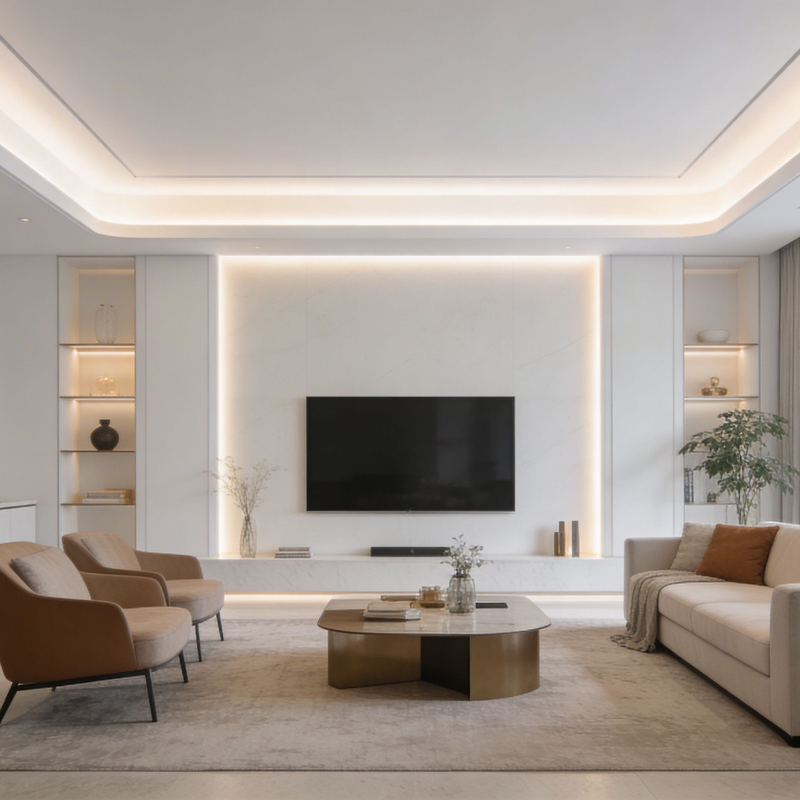 Sala de estar moderna y elegante con iluminación empotrada en el falso techo, diseño minimalista y muebles refinados.