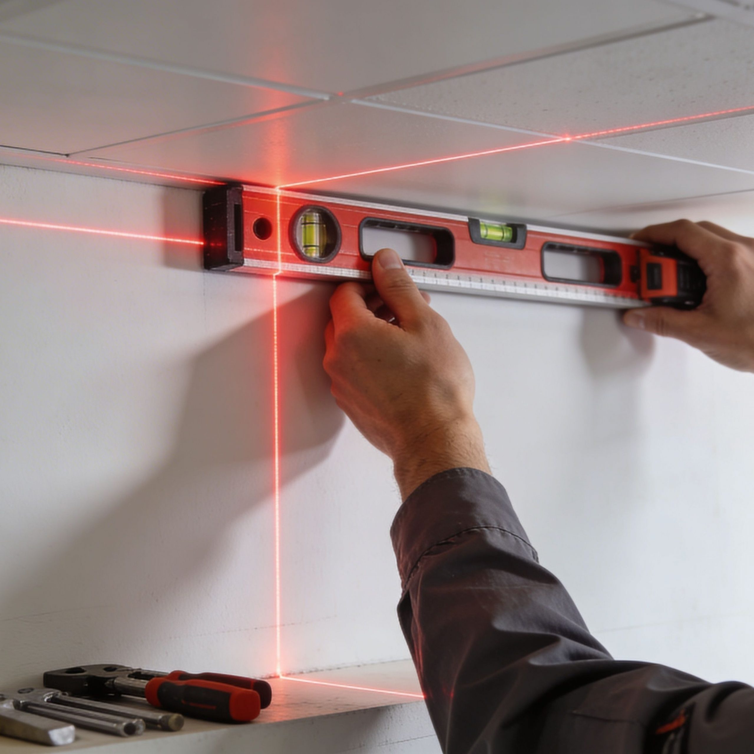 Trabajador midiendo con un nivel y un láser una pared antes de instalar placas de falso techo