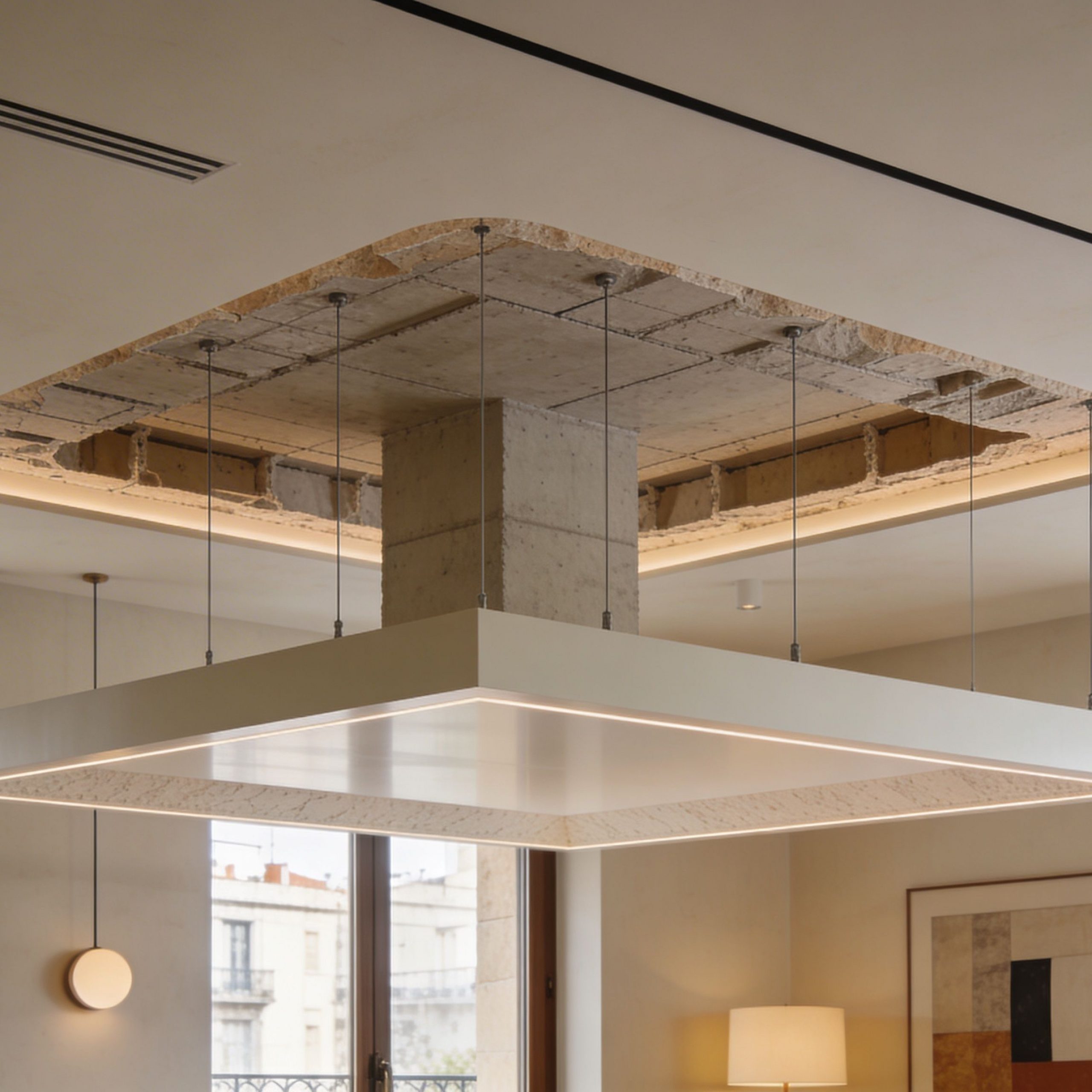 Lámpara de techo moderna colgante sobre una estructura de hormigón en un interior elegante y minimalista.
