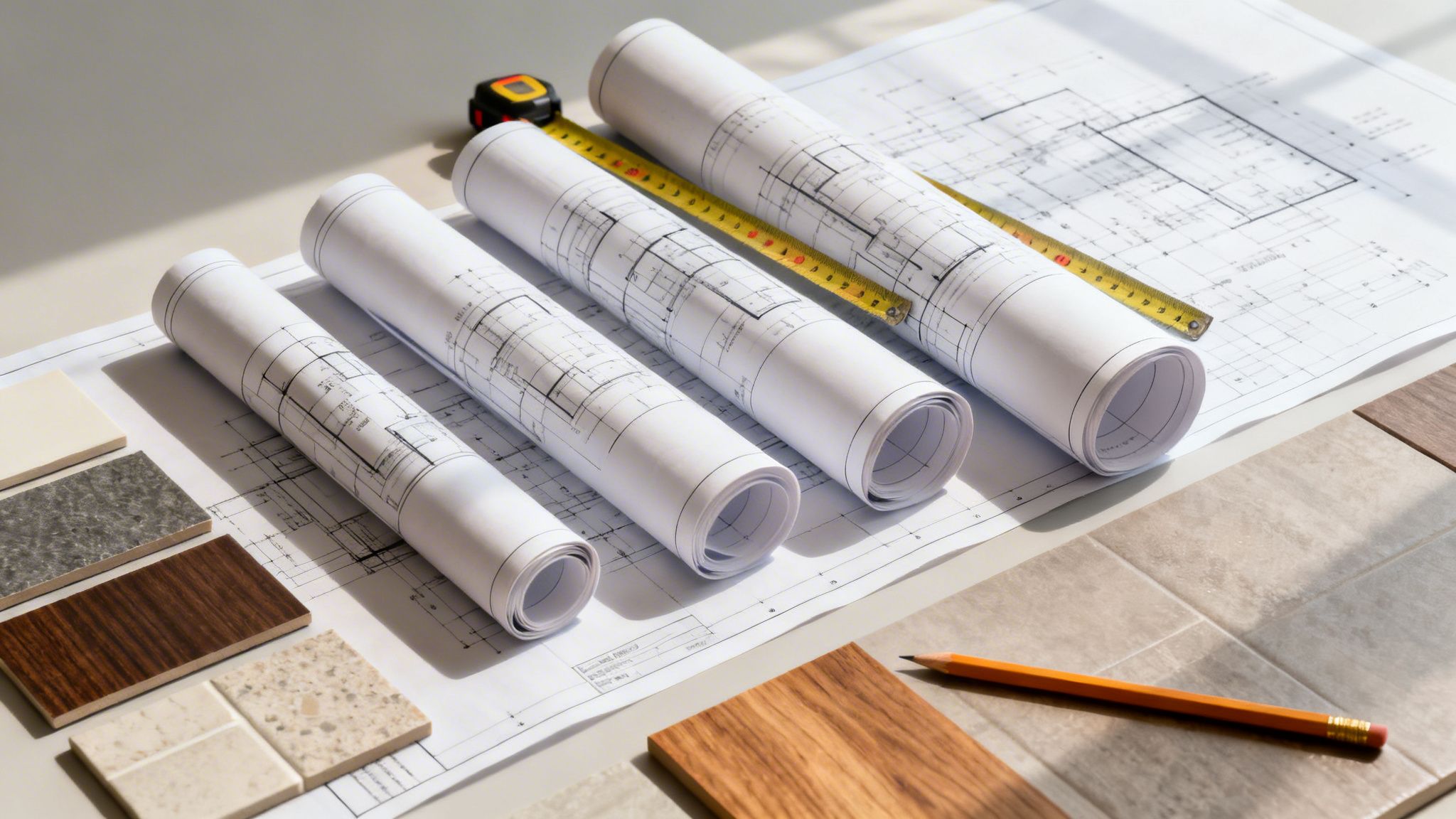 Planos arquitectónicos enrollados, cinta métrica, muestras de materiales y un lápiz, sobre planos extendidos para diseño y renovación.