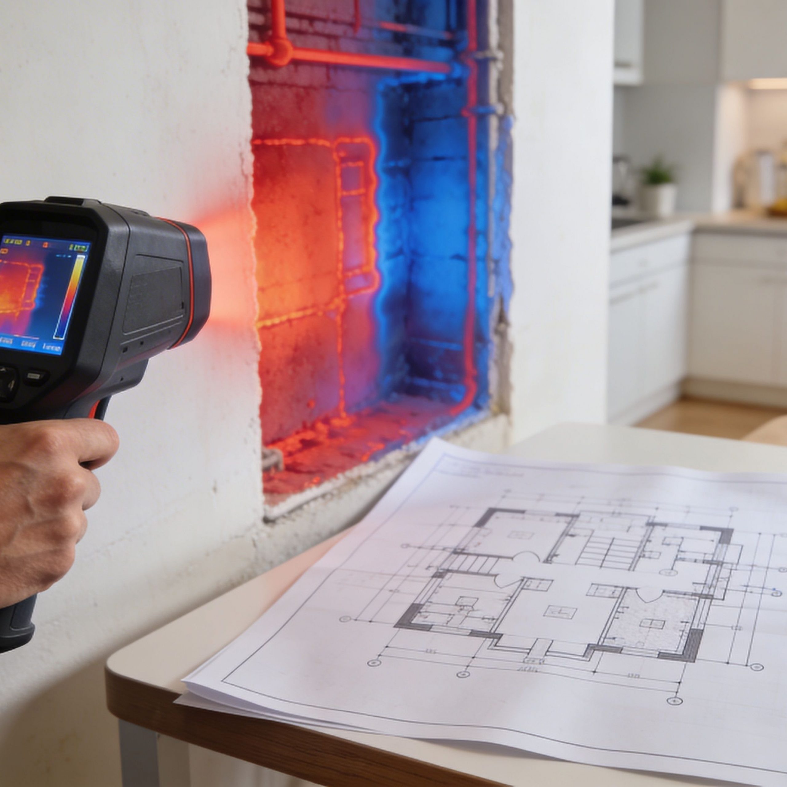 Un técnico utiliza una cámara termográfica para detectar fugas térmicas en la pared de una casa.