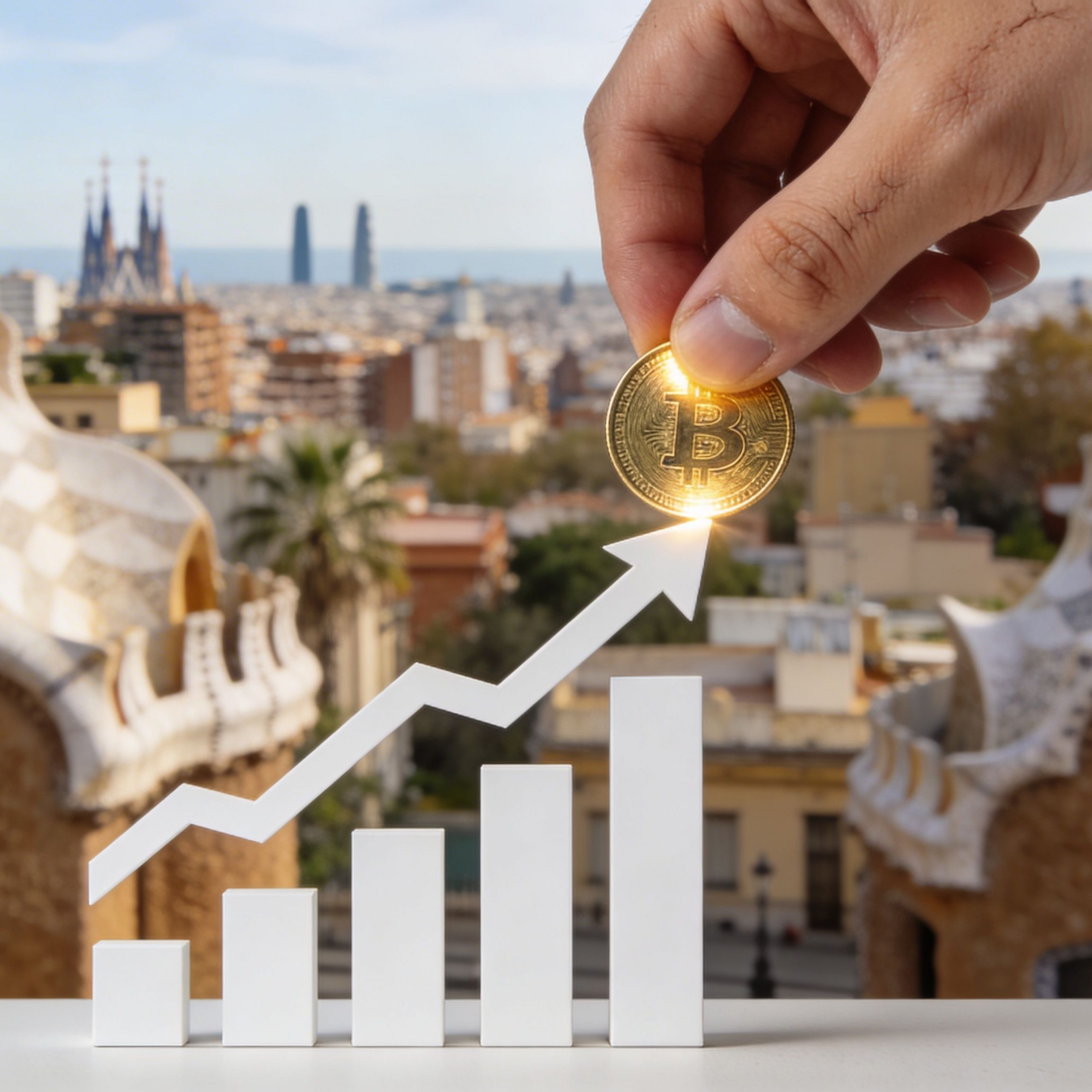 Mano sosteniendo una moneda de Bitcoin sobre un gráfico de crecimiento frente a la ciudad de Barcelona.