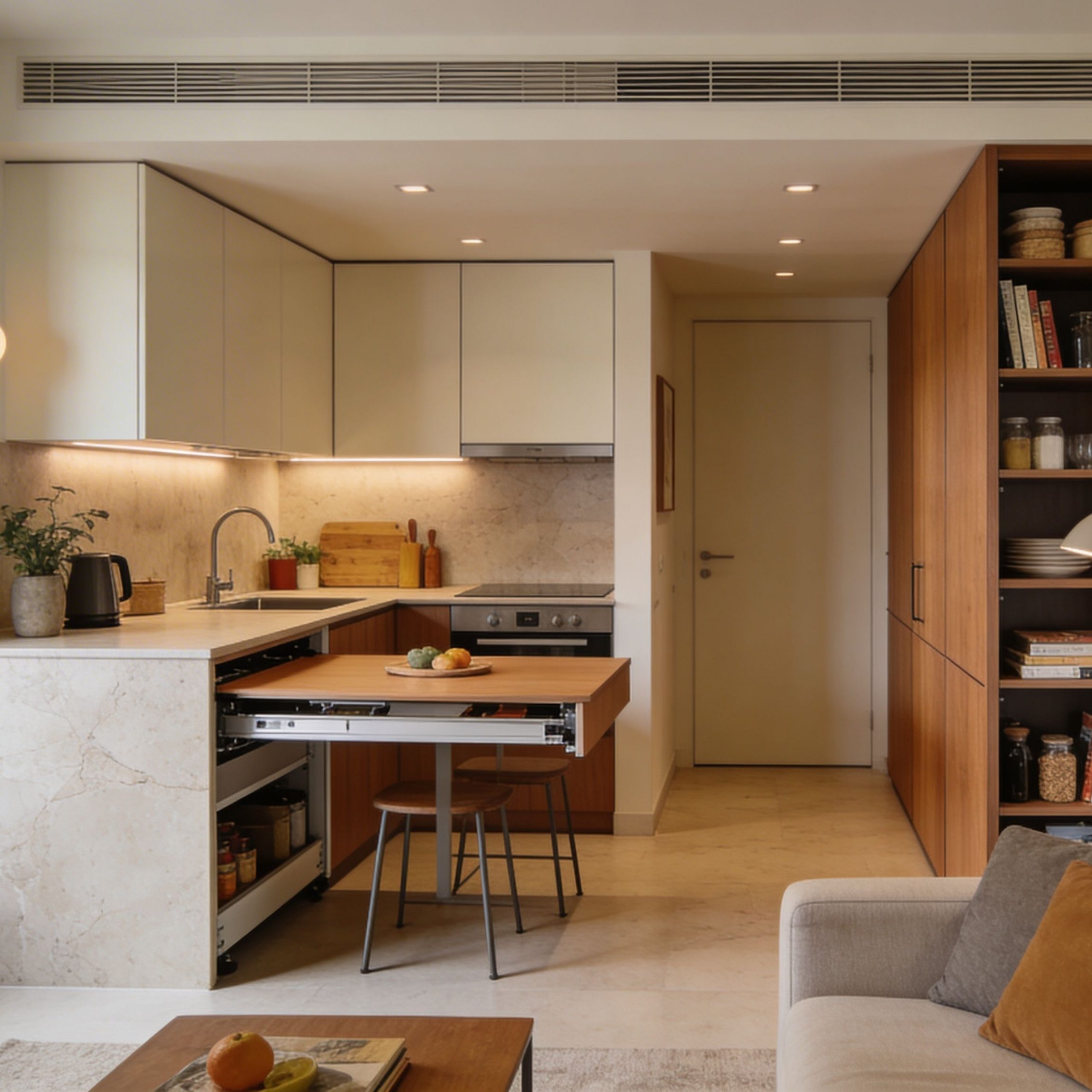 Una cocina moderna con concepto abierto, mesa extraíble de madera, gabinetes claros y almacenamiento integrado en tono cálido.