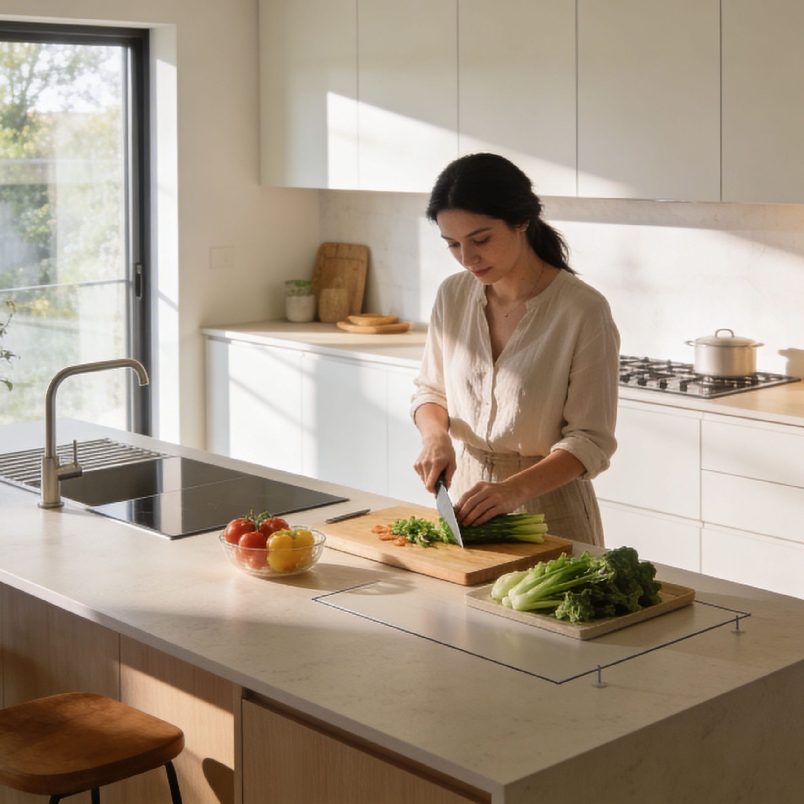 Una mujer preparando vegetales frescos en la encimera de una cocina moderna con diseño minimalista y elegante