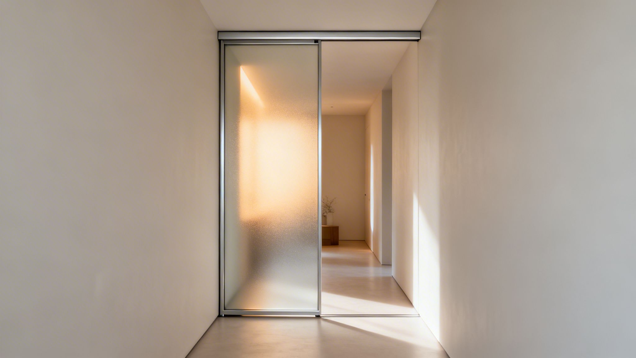 Pasillo moderno y luminoso con una puerta corrediza de vidrio esmerilado, realzando la amplitud del espacio.