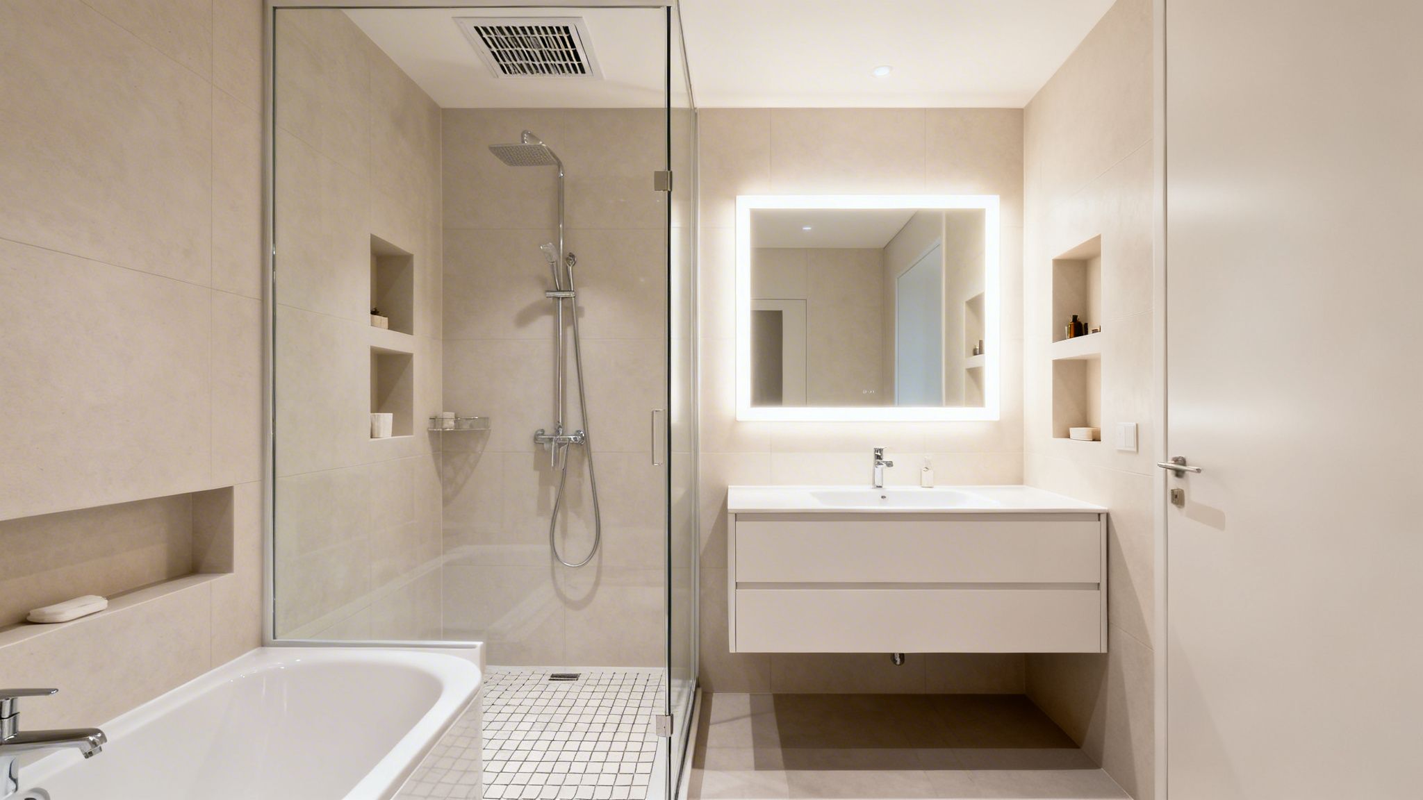 Baño moderno con ducha de cristal, bañera, lavabo flotante y espejo iluminado en tonos claros.