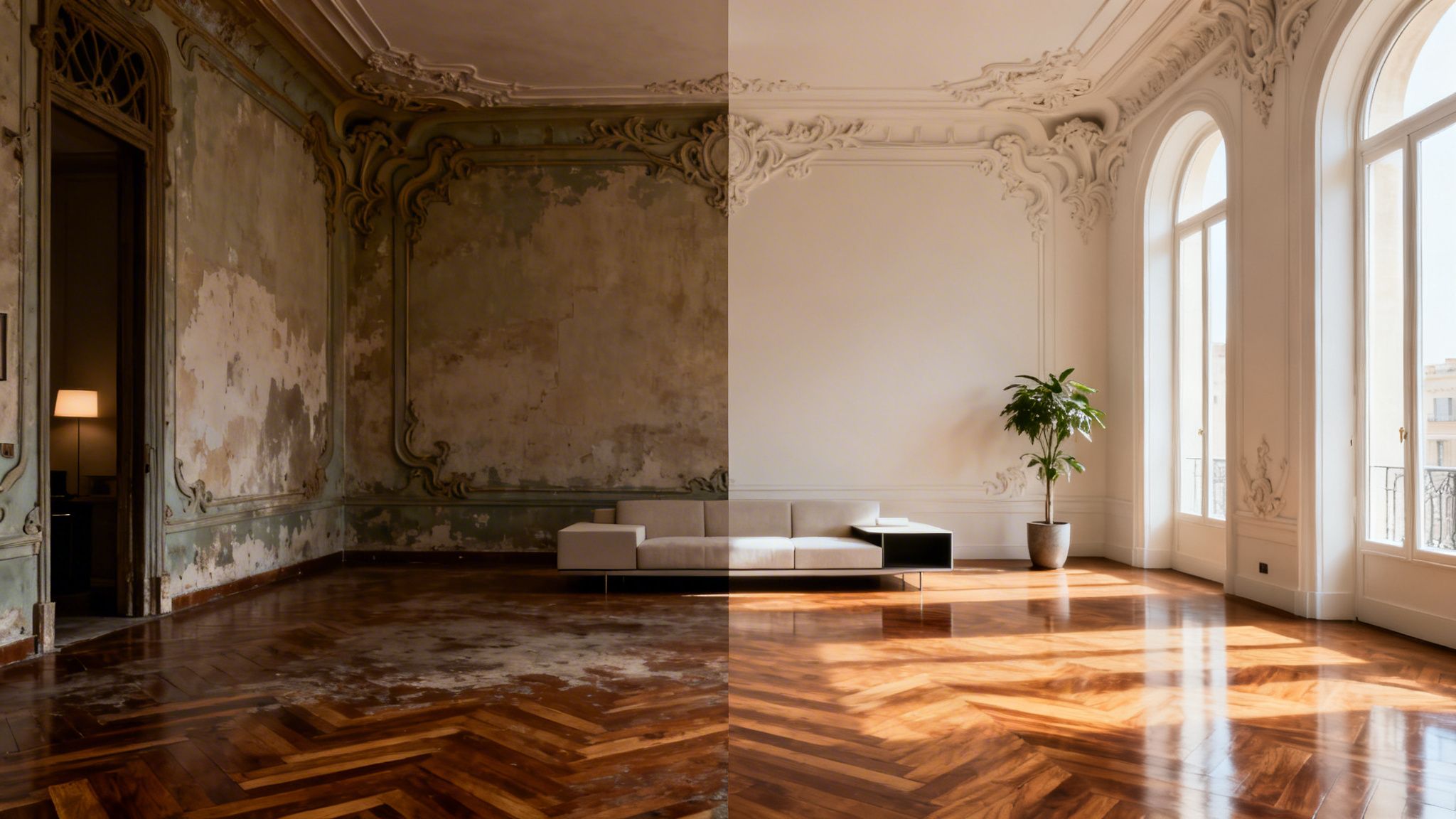 Una sala antigua y deteriorada comparada con la misma sala bellamente renovada con muebles modernos y suelos de madera.