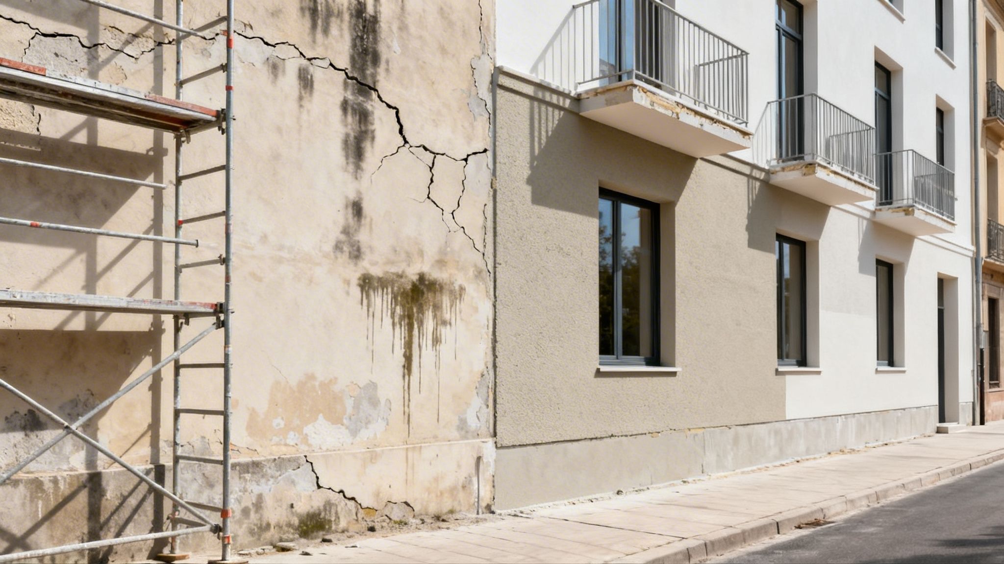 Andamios frente a un edificio antiguo con grietas y otro recién reformado, mostrando el antes y después.