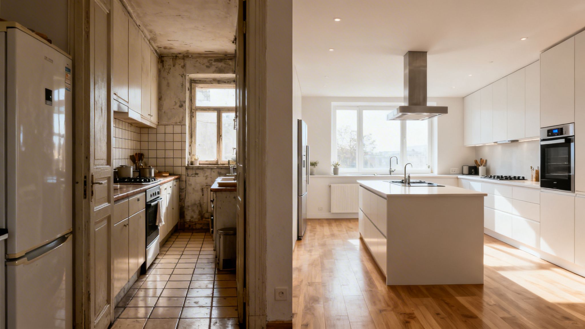 Cocina antes y después de la renovación: izquierda antigua con azulejos, derecha moderna con isla y madera.