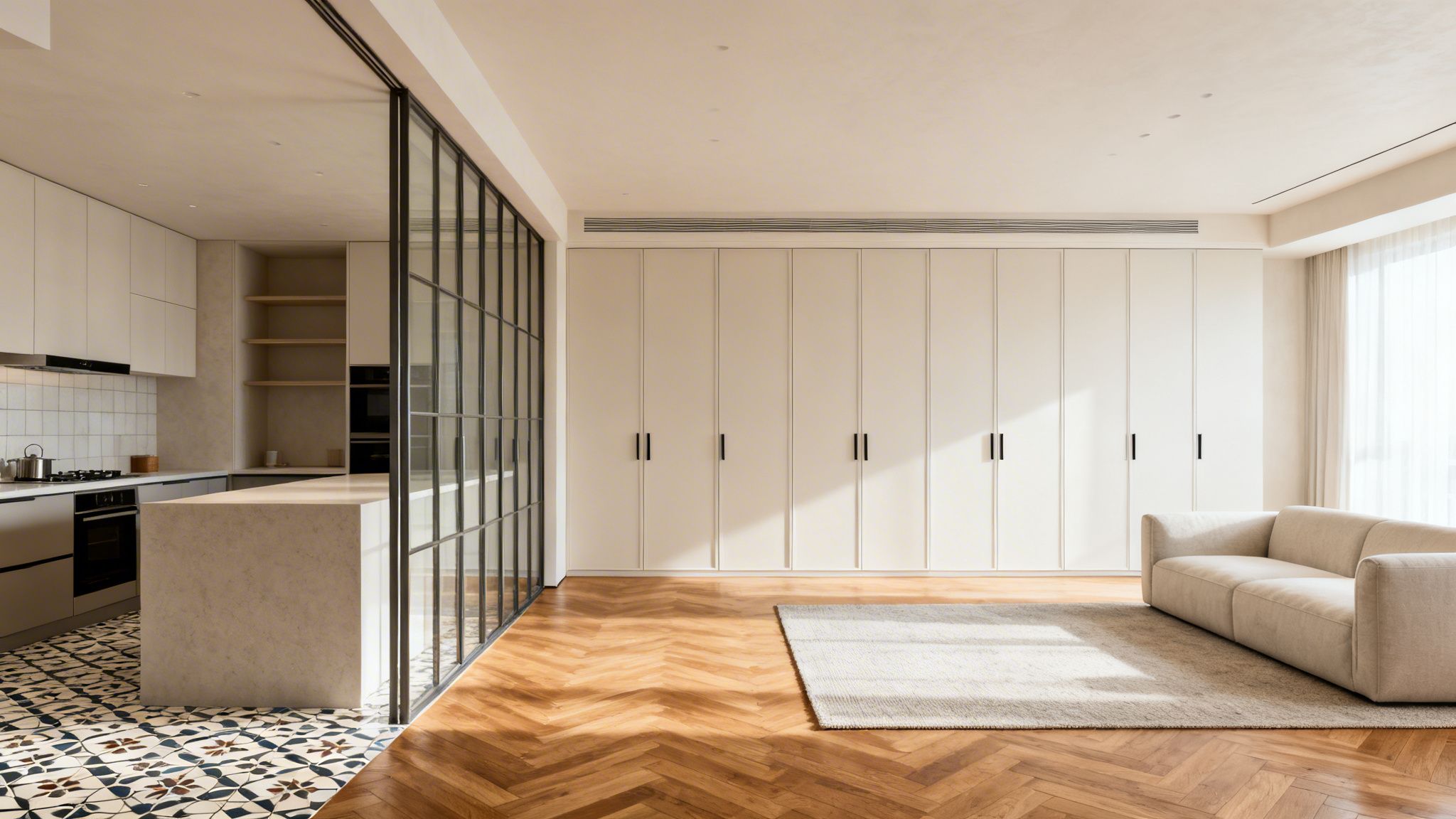 Moderna cocina abierta con paredes de vidrio, sala de estar y armarios empotrados en tonos claros.