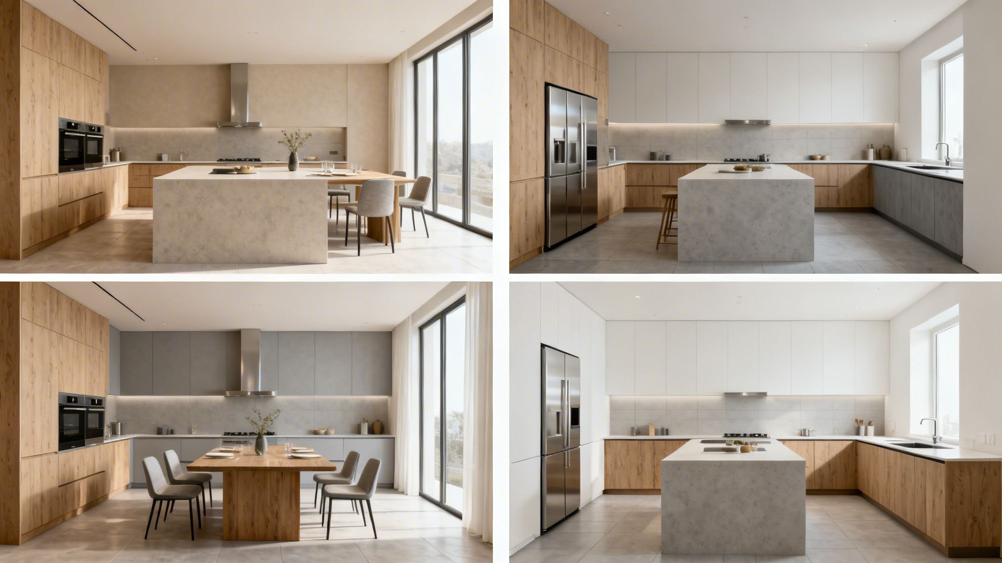 Cuatro cocinas modernas con gabinetes de madera, encimeras de piedra y electrodomésticos integrados, algunas con comedor y ventanas grandes.