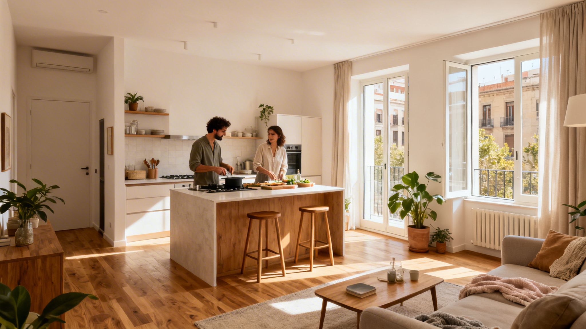 Joven pareja preparando comida en una cocina de concepto abierto y salón luminoso con ventanas grandes.